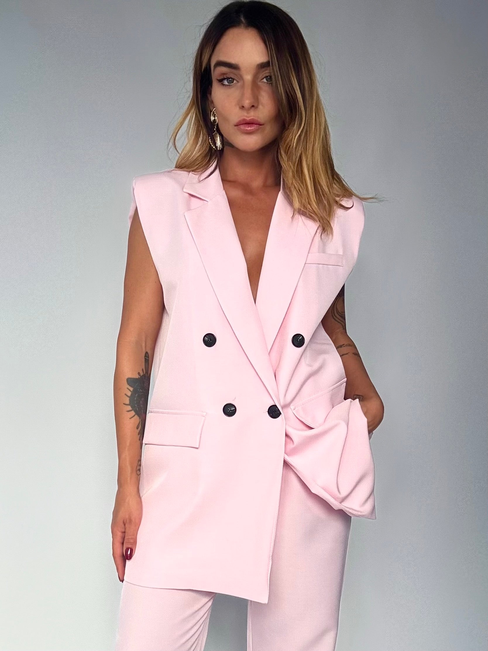Completo Gilet Over e Pantaloni Pinces - Rosa Baby
