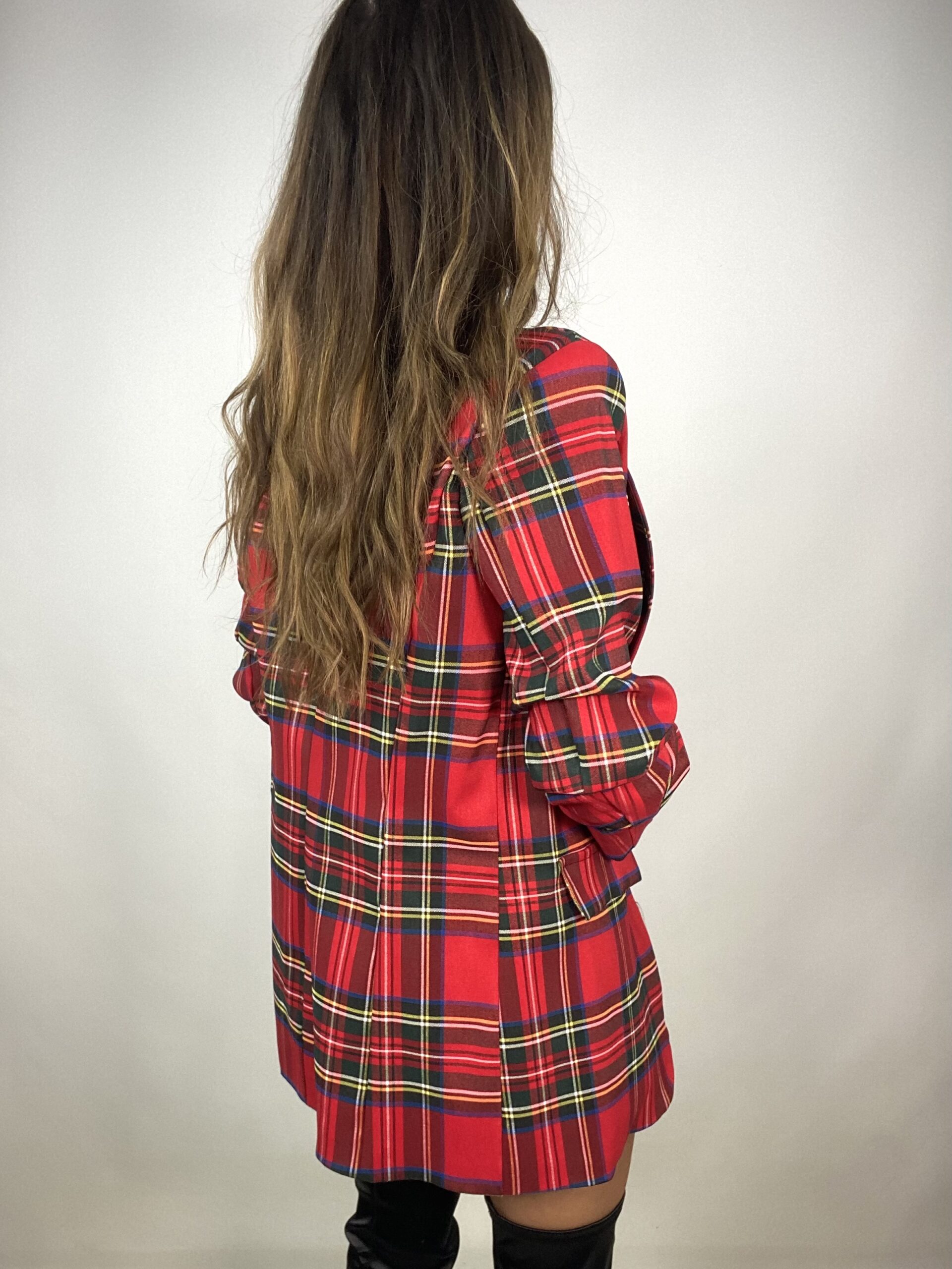 Blazer Tartan Aperto con Maniche Arricciate - Rosso