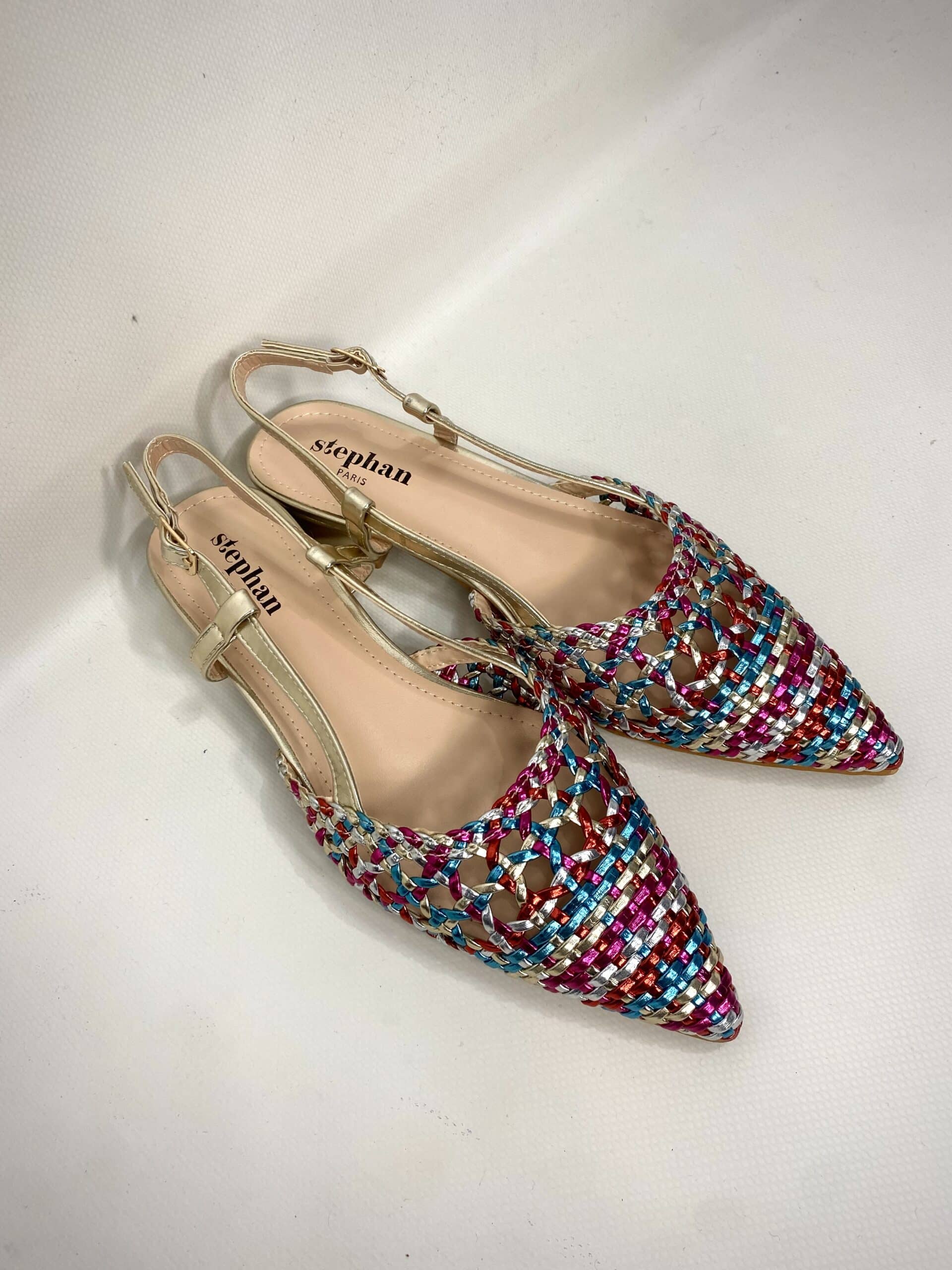 New Slingback Flat Rafia - Multicolor Verde / Fucsia