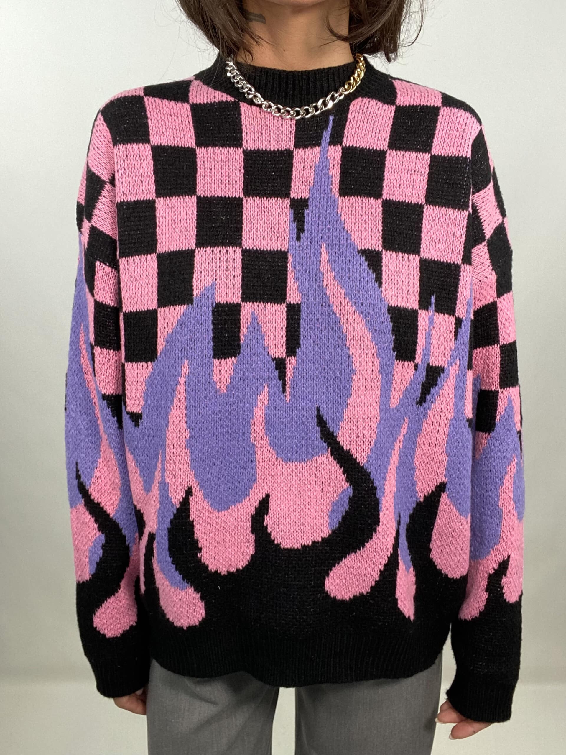 Pullover Con Scacchi e Fiamma - Rosa / Nero