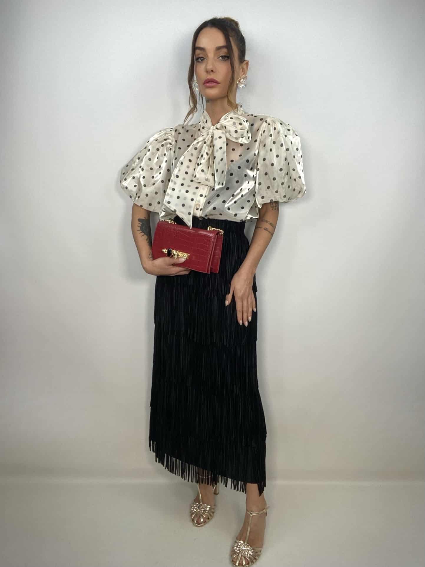 Camicia Pois Con Maniche a Palloncino e Fiocco - Panna / Nero