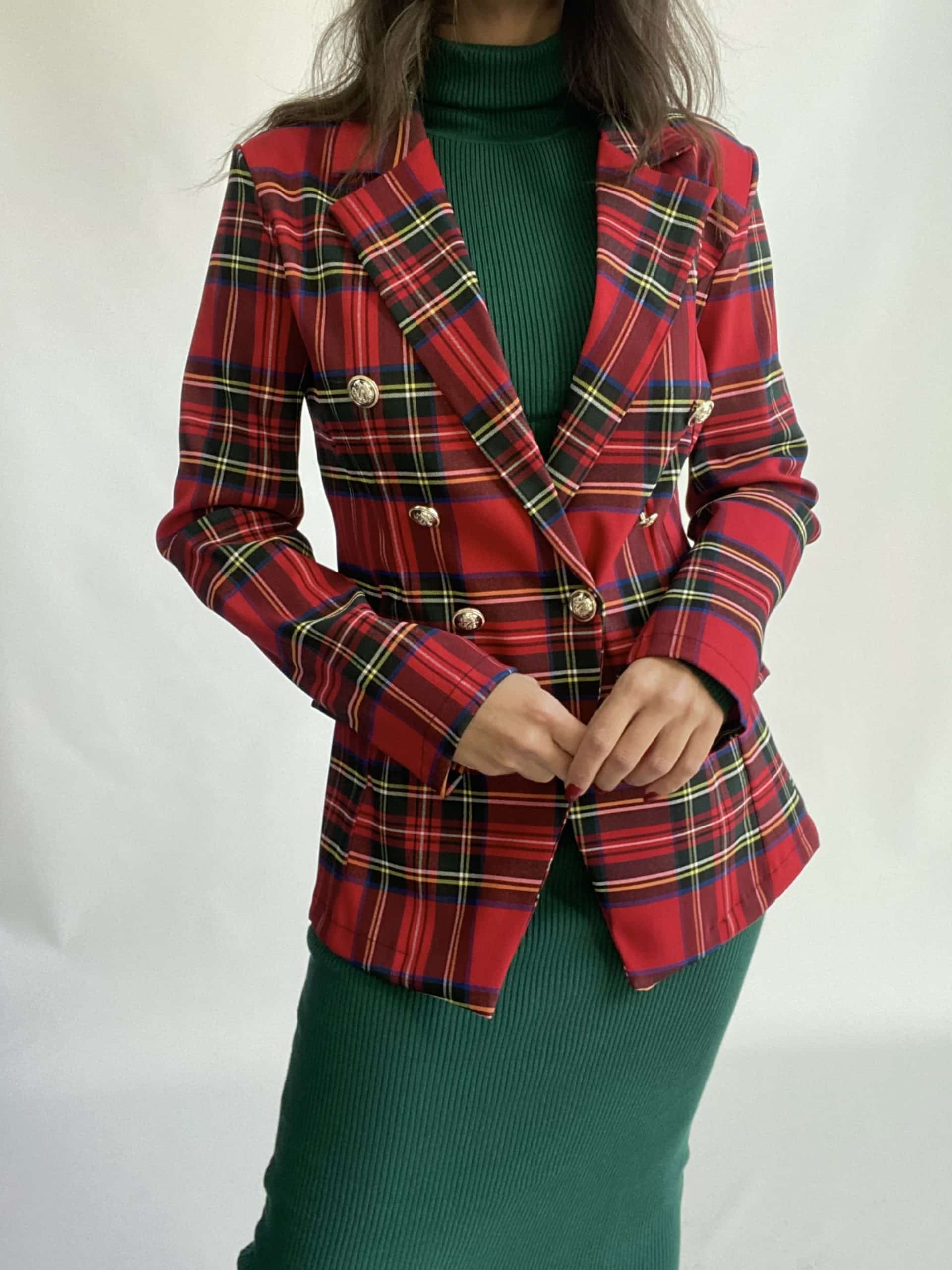 Blazer Tartan Bottoni Gioiello - Rosso