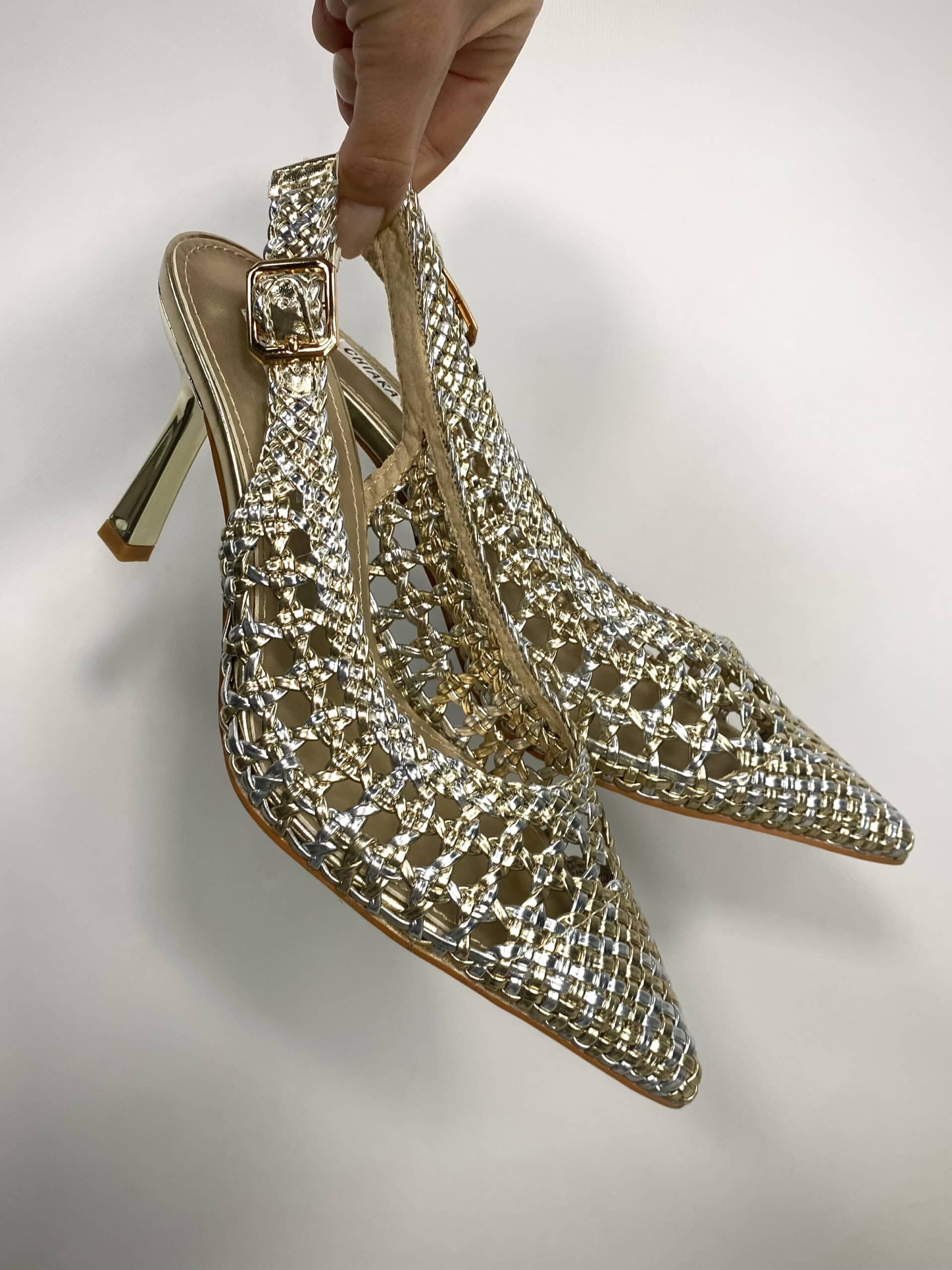 Slingback Rafia Medium Heels - Argento / Oro