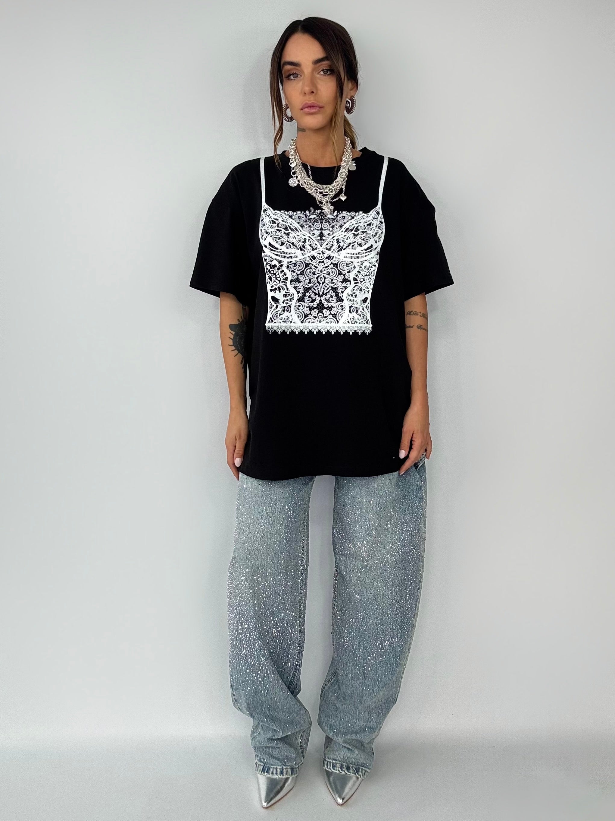 T-shirt Super Over Spalline Corsetto - Nero