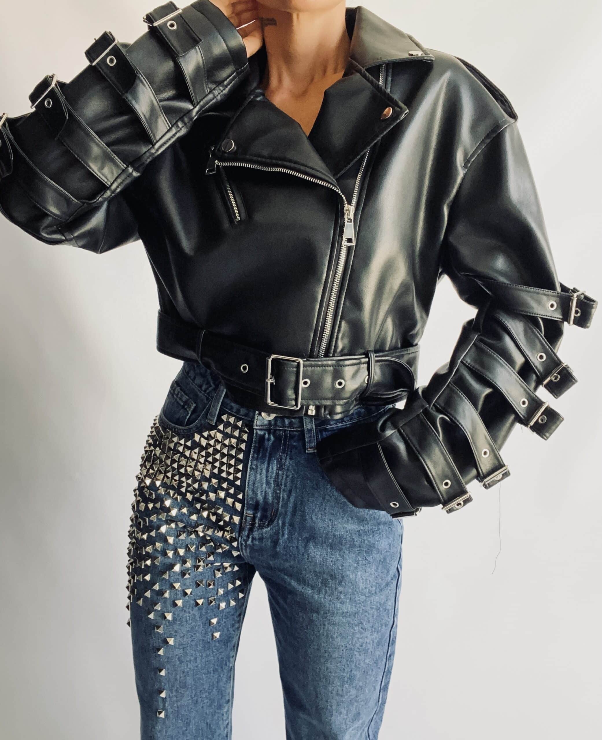 Chiodo Eco Pelle Crop con Frange e Borchie  - Nero