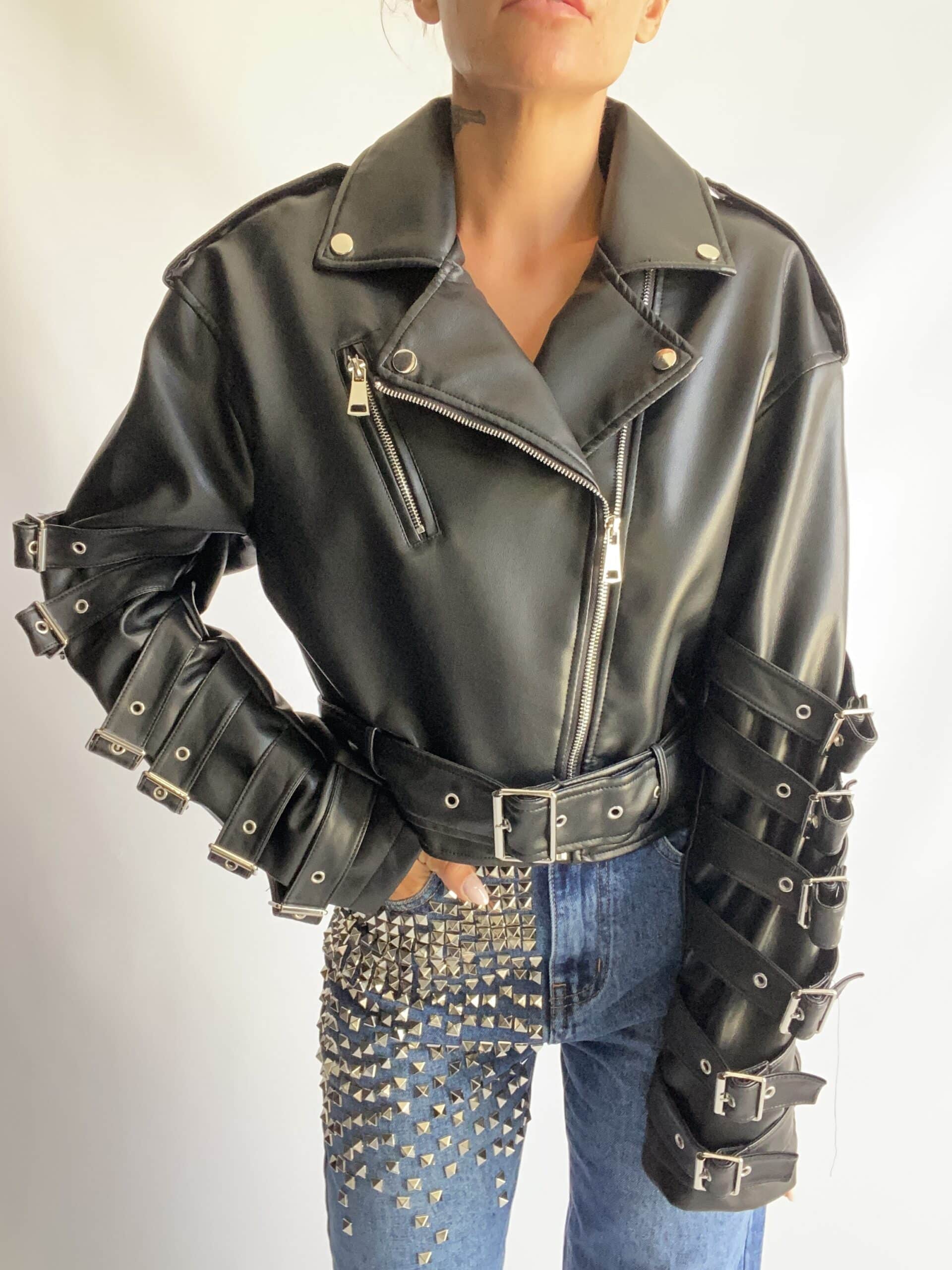 Chiodo Eco Pelle Crop con Fibbie  - Nero