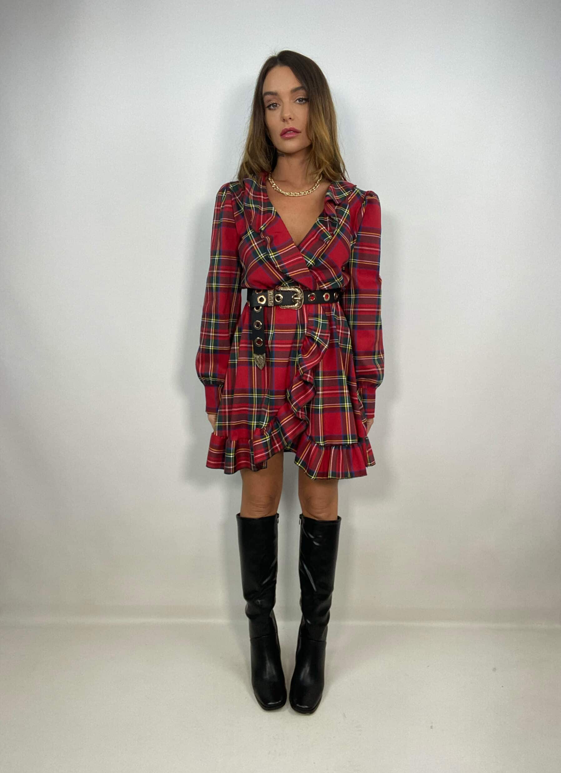 Mini Dress Tartan Con Volant - Rosso