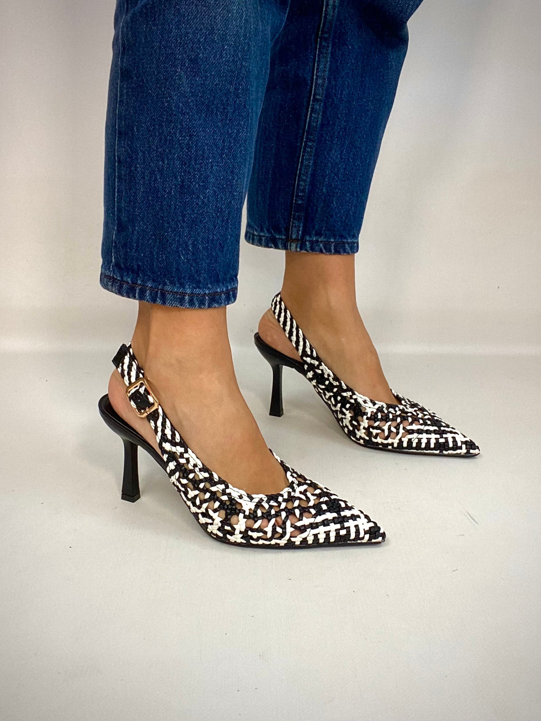Slingback Rafia Medium Heels - Bianco / Nero