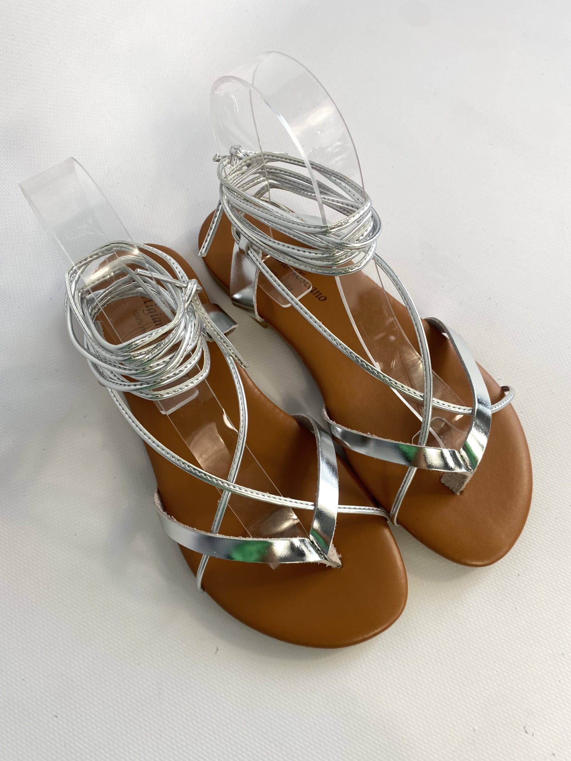 Sandali Alla Schiava Vera Pelle Made In Italy - Argento