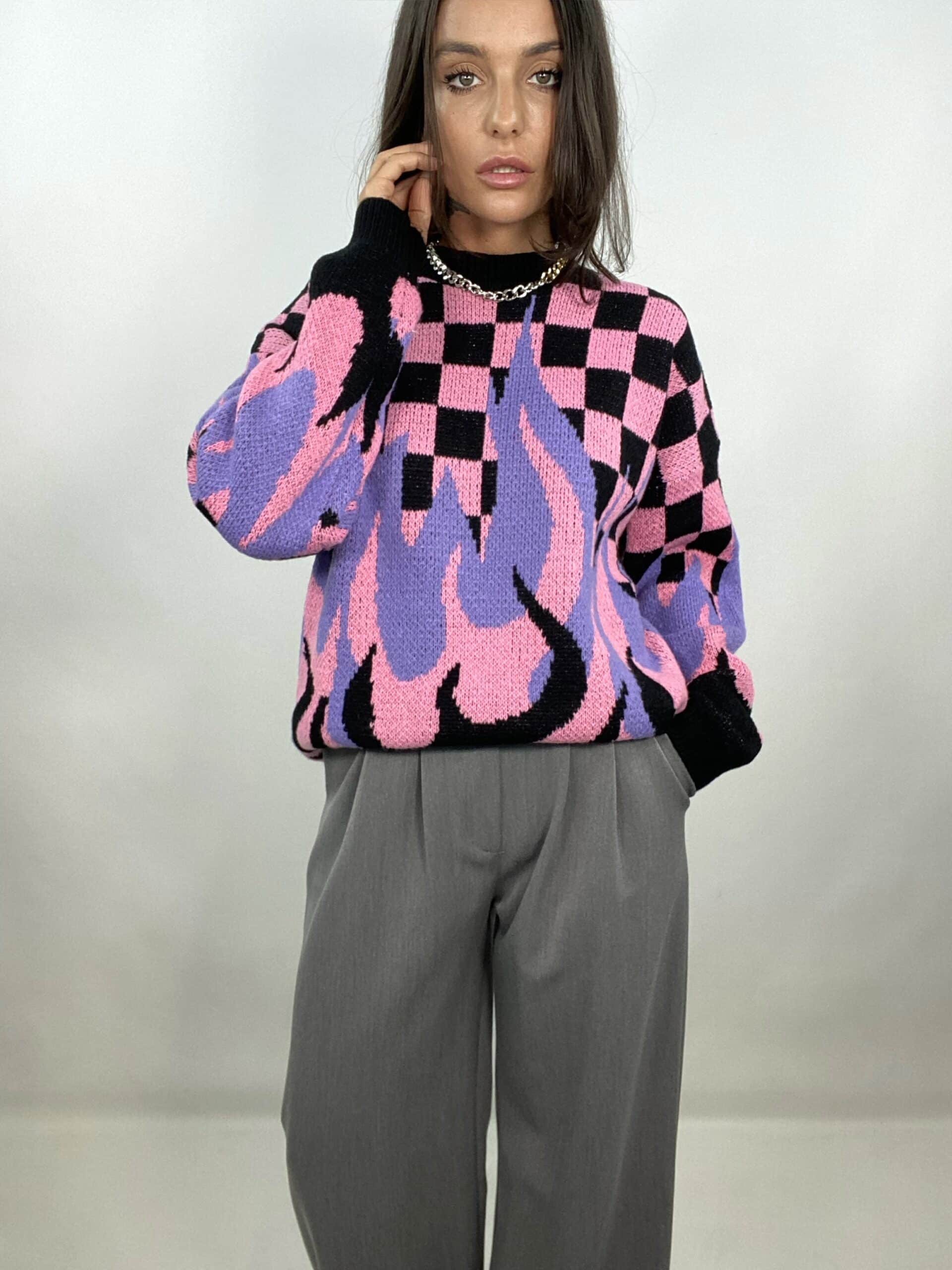 Pullover Con Scacchi e Fiamma - Rosa / Nero