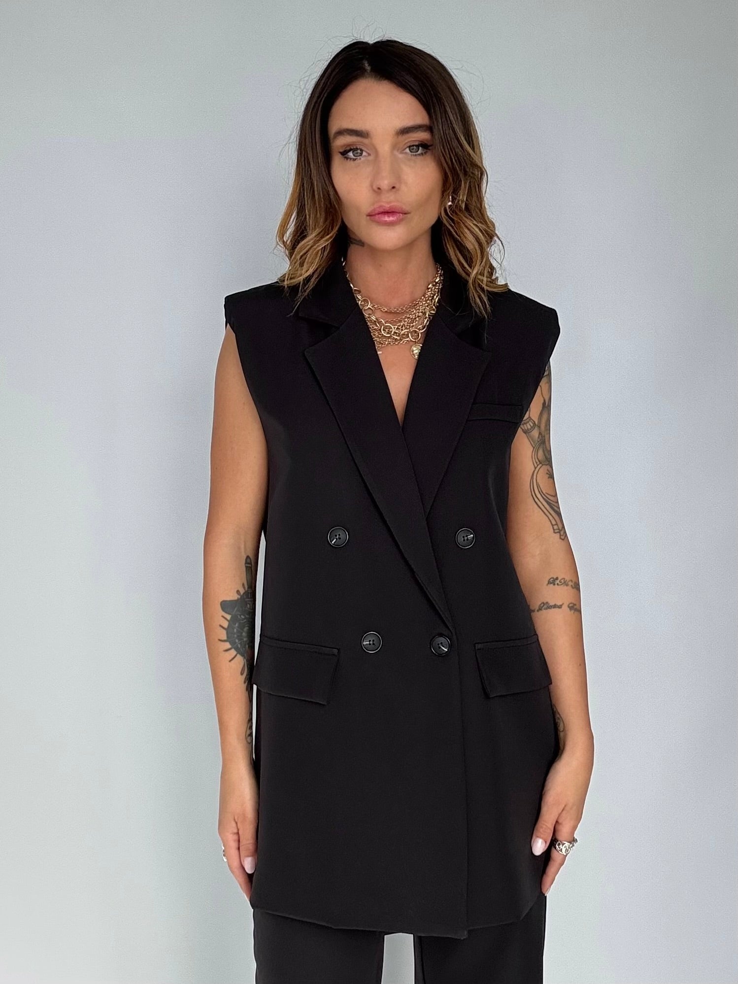 Completo Gilet Over e Pantaloni Pinces - Nero