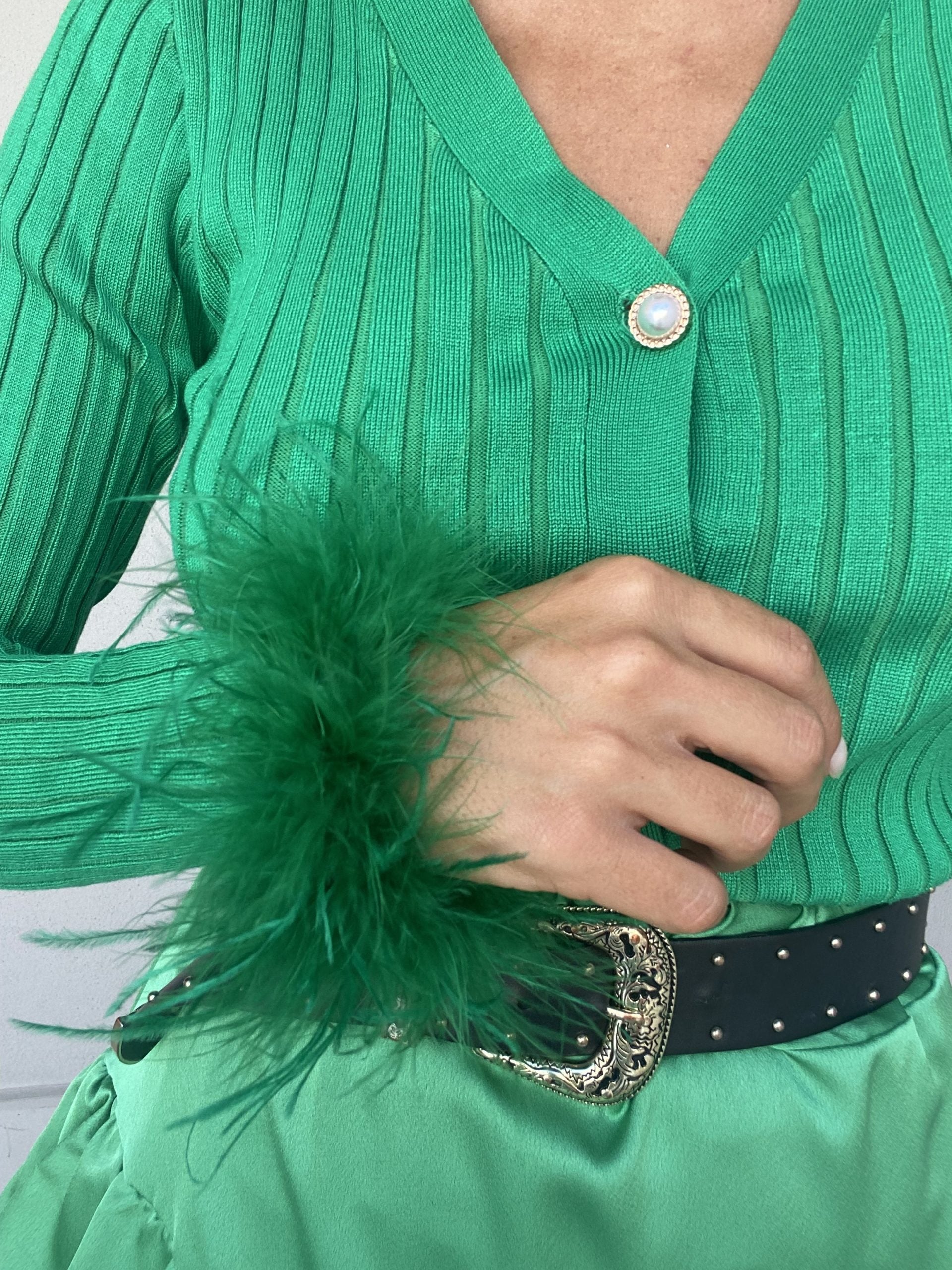 Cardigan Piume Bottoni Gioiello - Verde