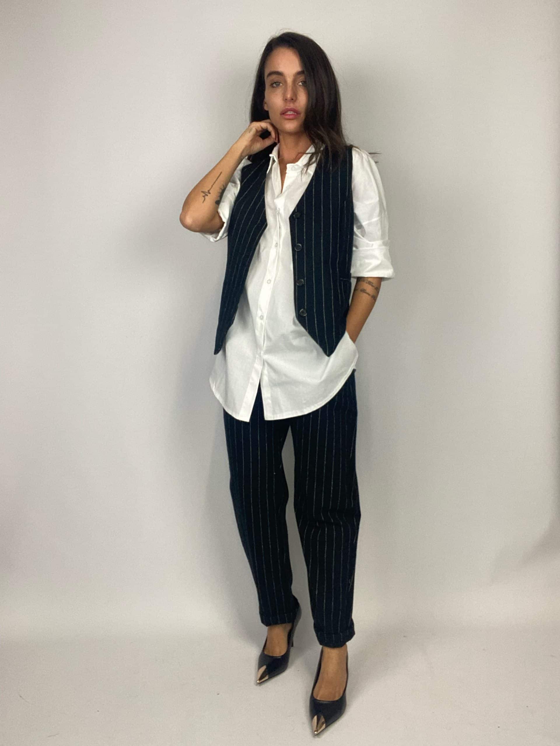 Gilet Completo Gessato Flanella - Nero