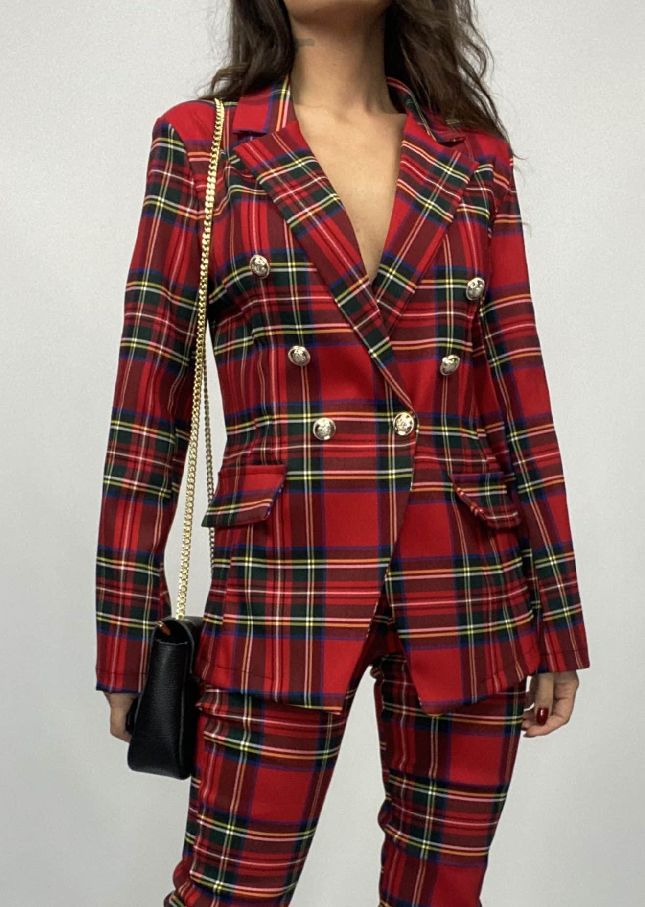 Blazer Tartan Bottoni Gioiello - Rosso