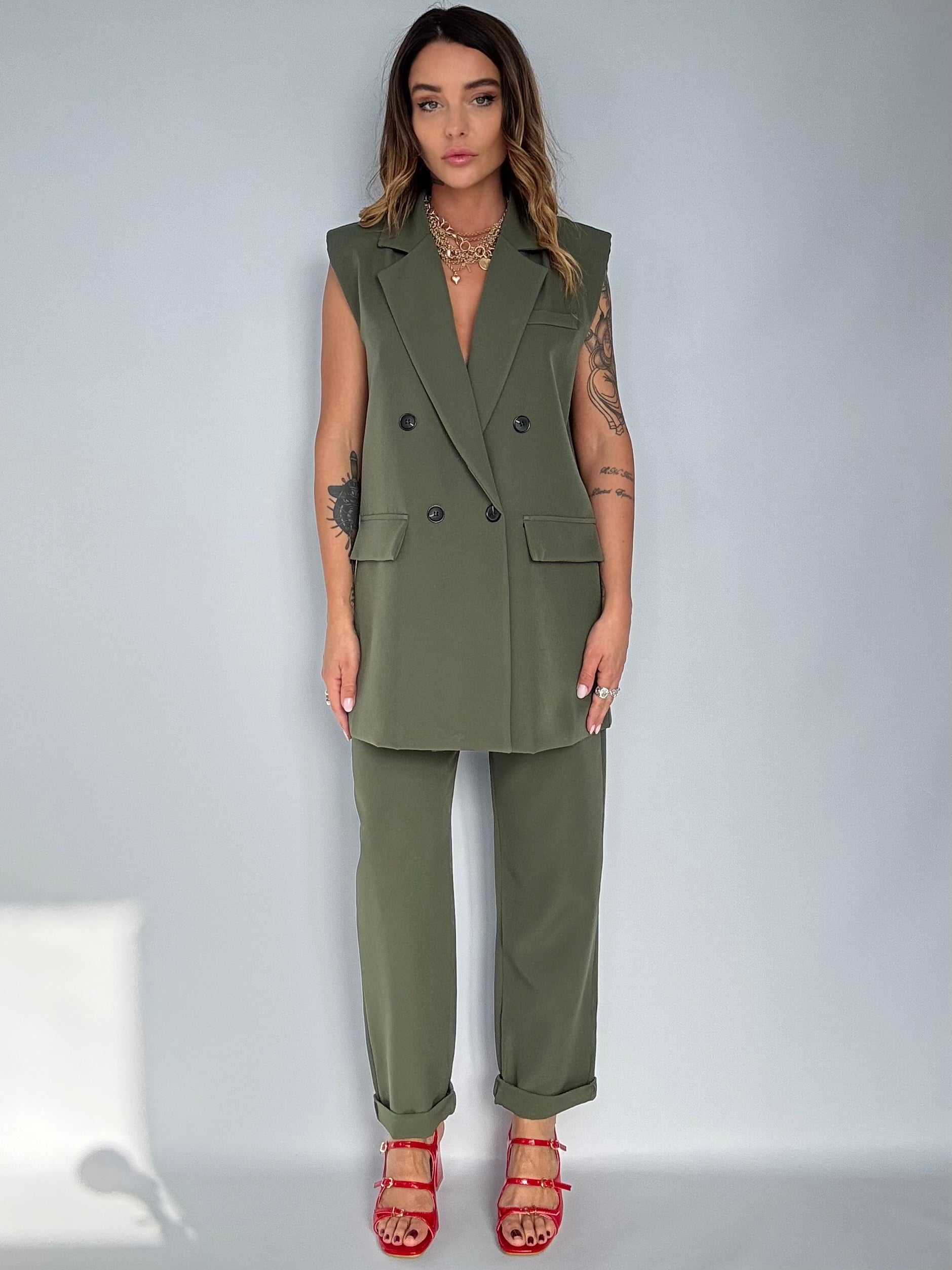 Completo Gilet Over e Pantaloni Pinces -  Verde Militare