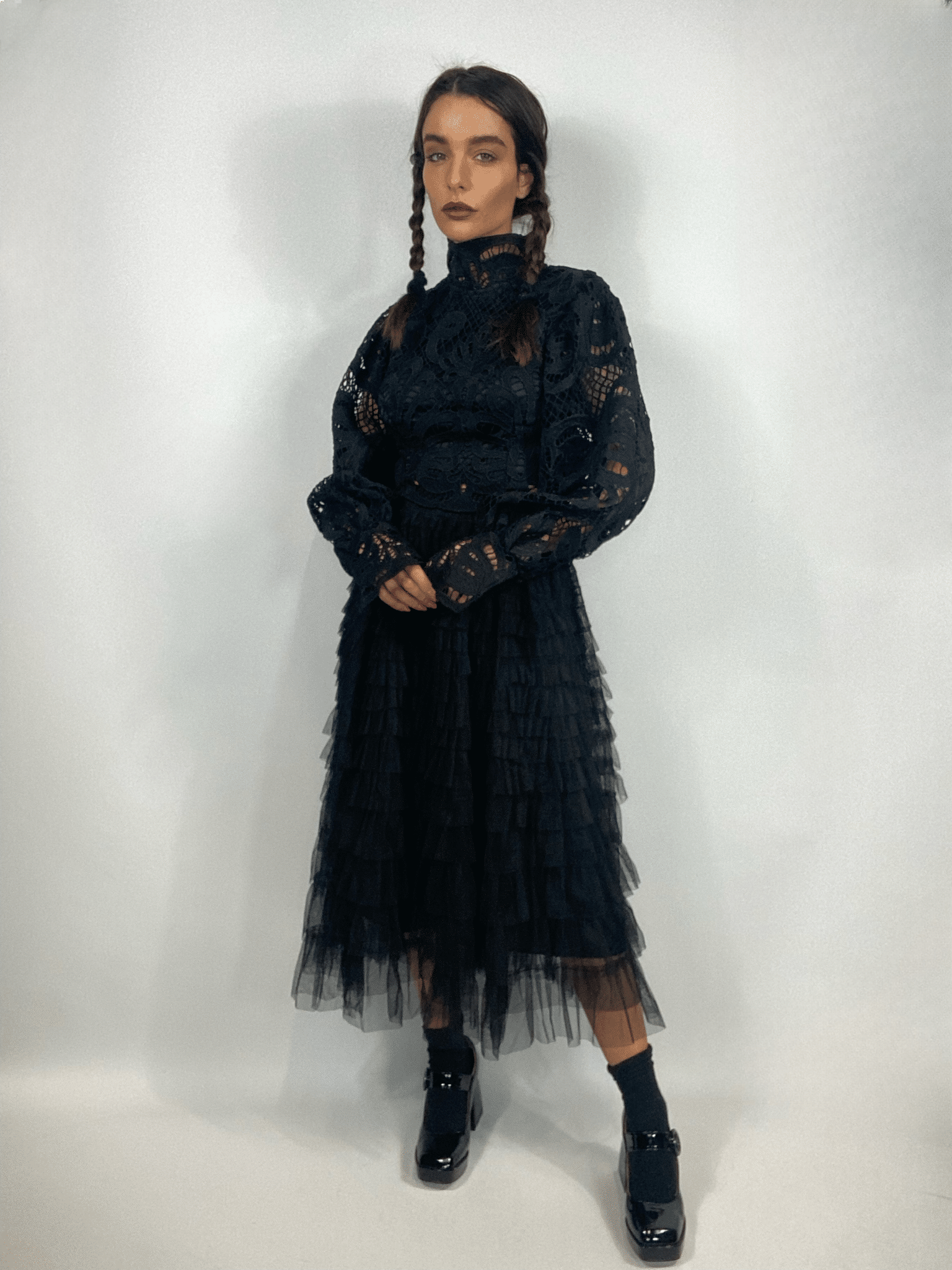 Vestito Colletto Mercoledì  - Nero Fantasia