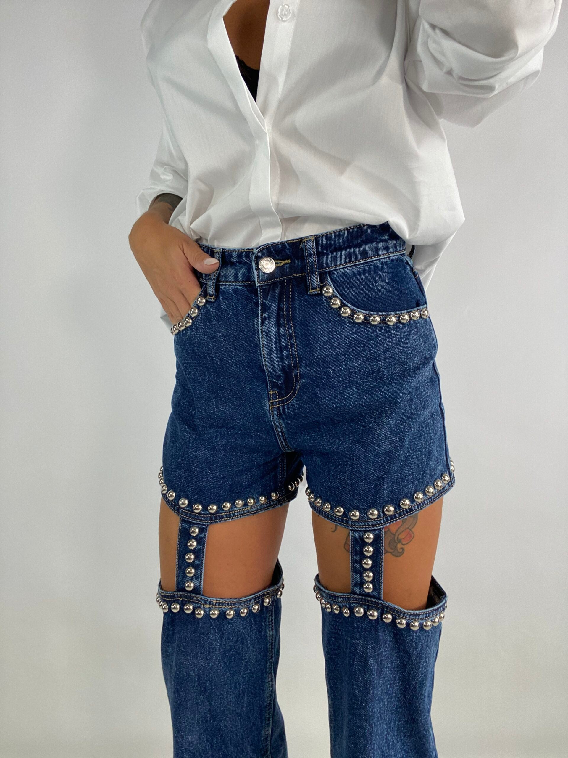 Jeans Hold Ups con Borchie  - Denim Scuro