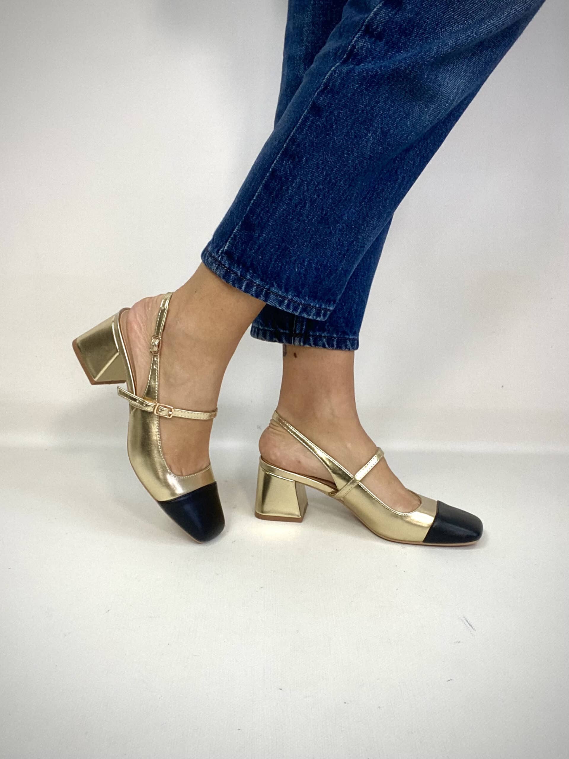 Mary Jane Medium Heels  - Bicolor Oro / Nero
