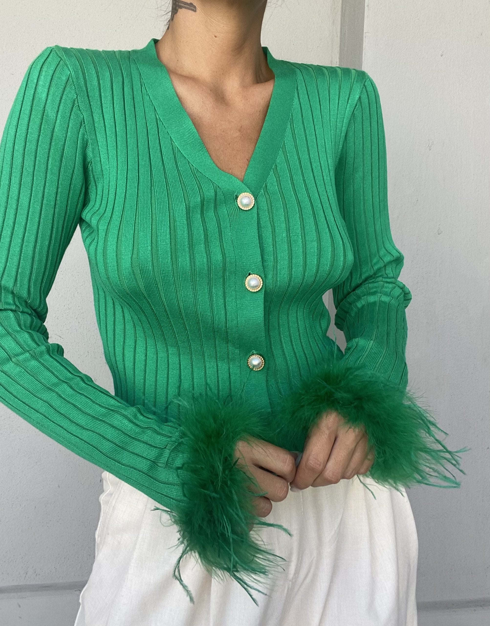 Cardigan Piume Bottoni Gioiello - Verde