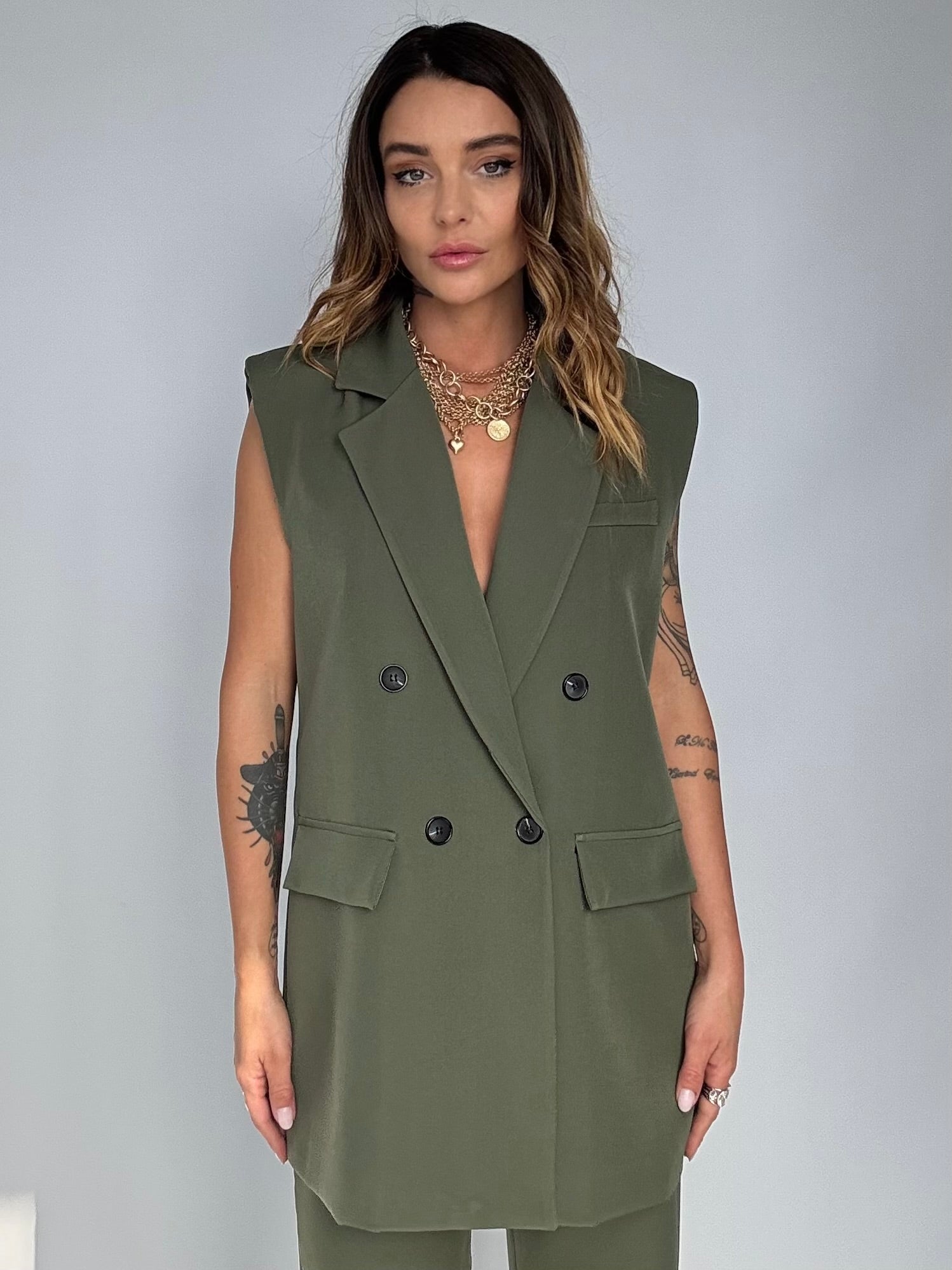 Completo Gilet Over e Pantaloni Pinces -  Verde Militare