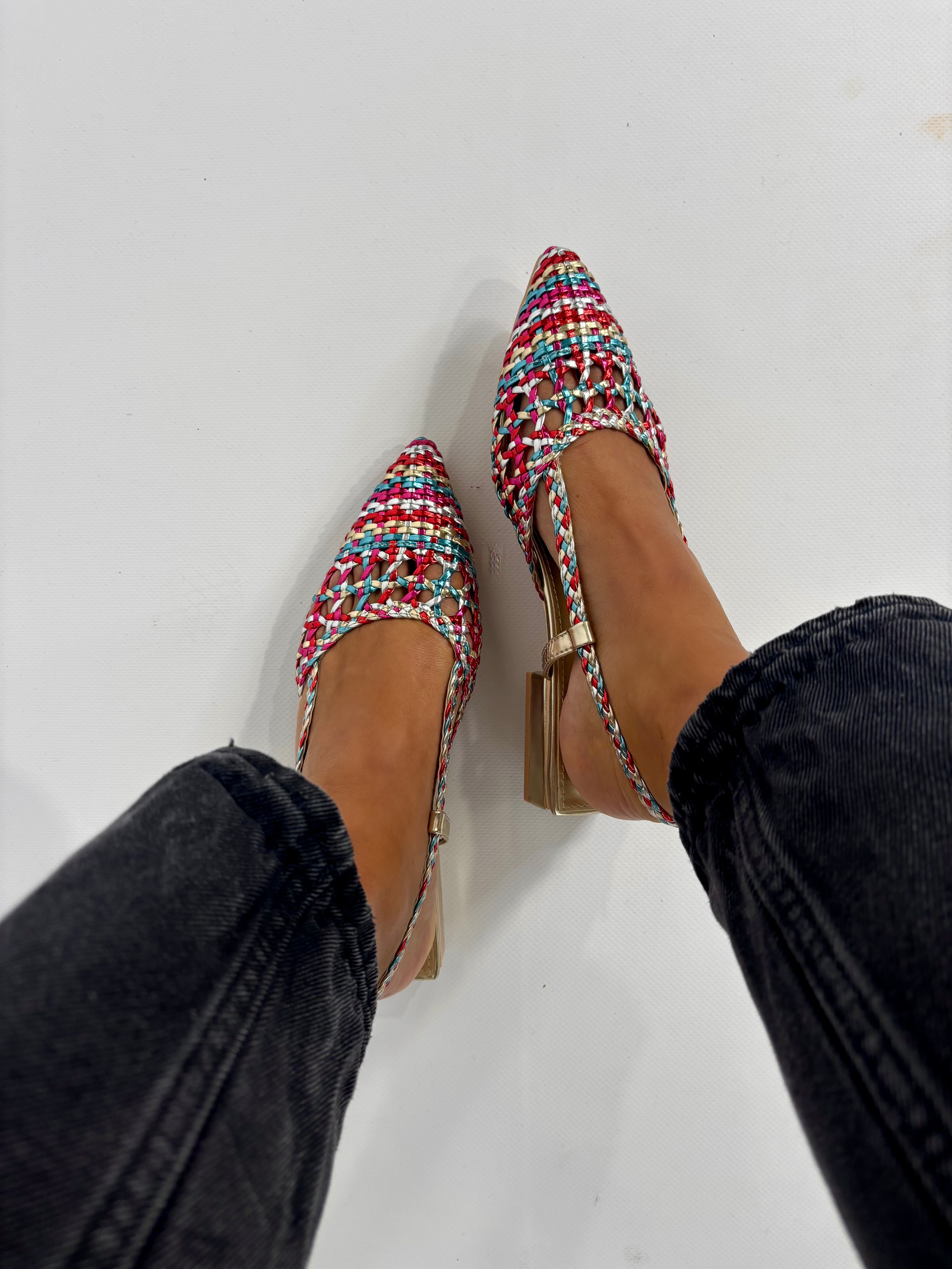 Slingback Flat Rafia - Multicolor Verde/ Fucsia
