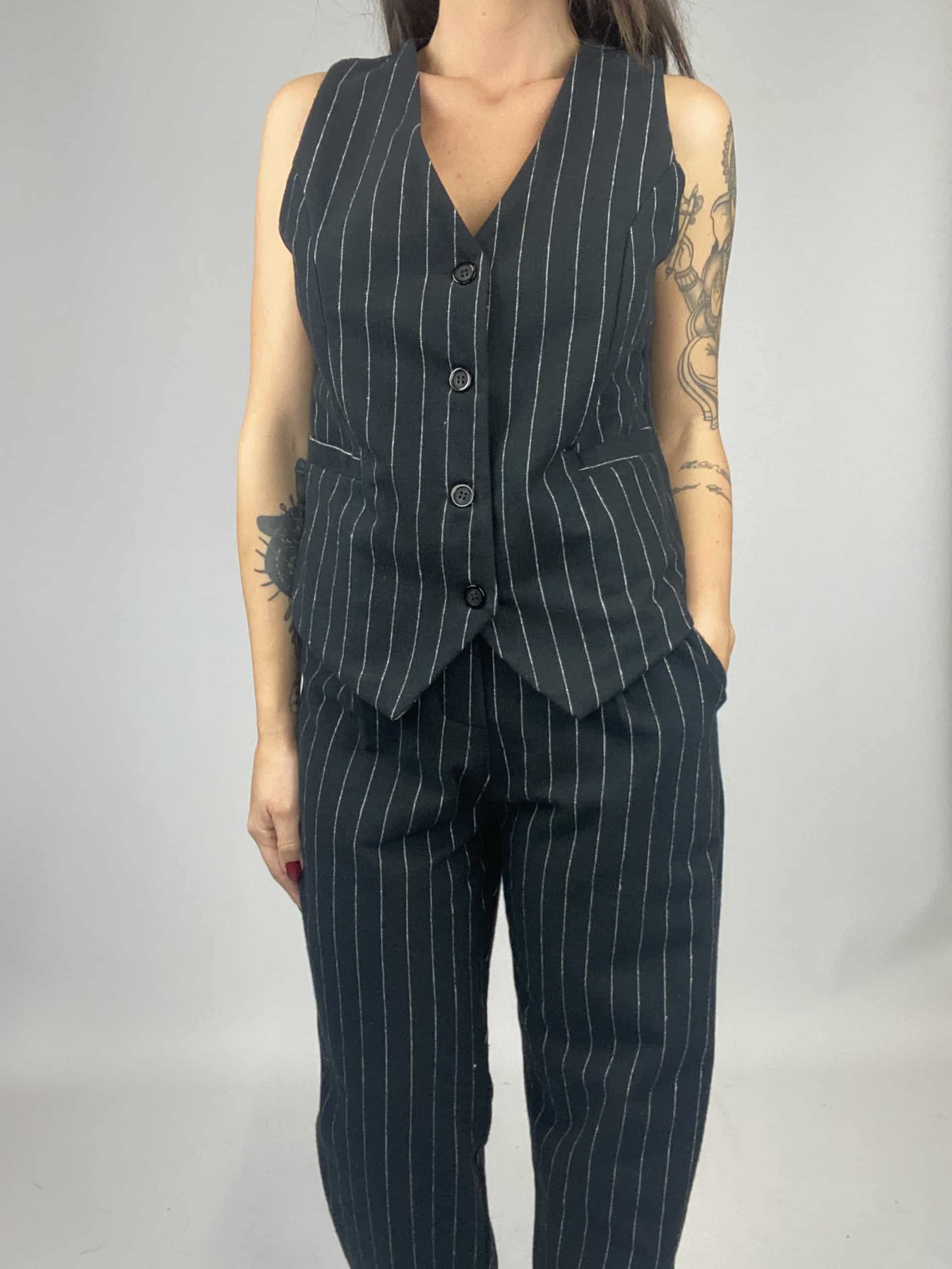 Gilet Completo Gessato Flanella - Nero