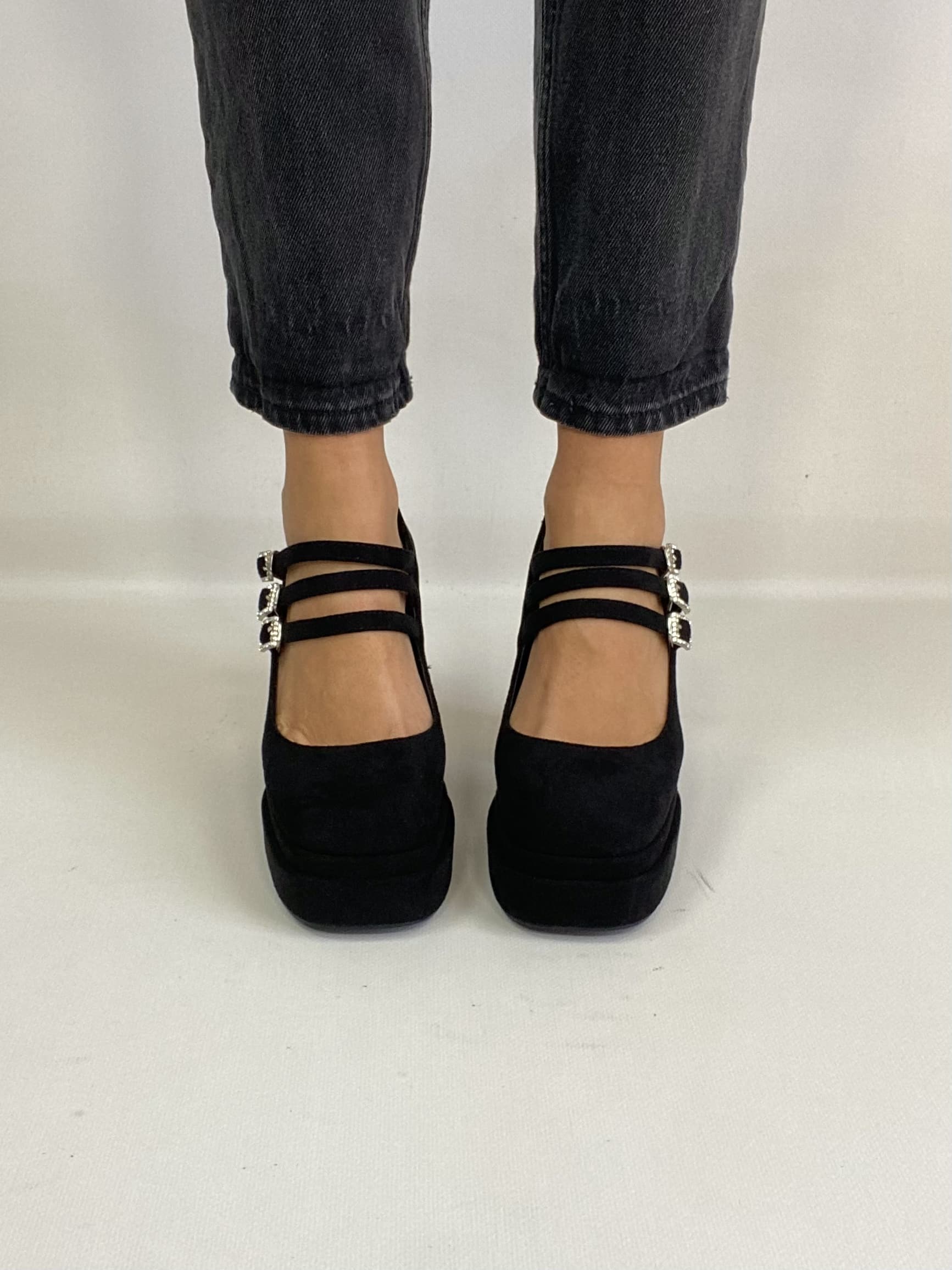 Mary Jane Tre Cinturini Strass - Camoscio Nero