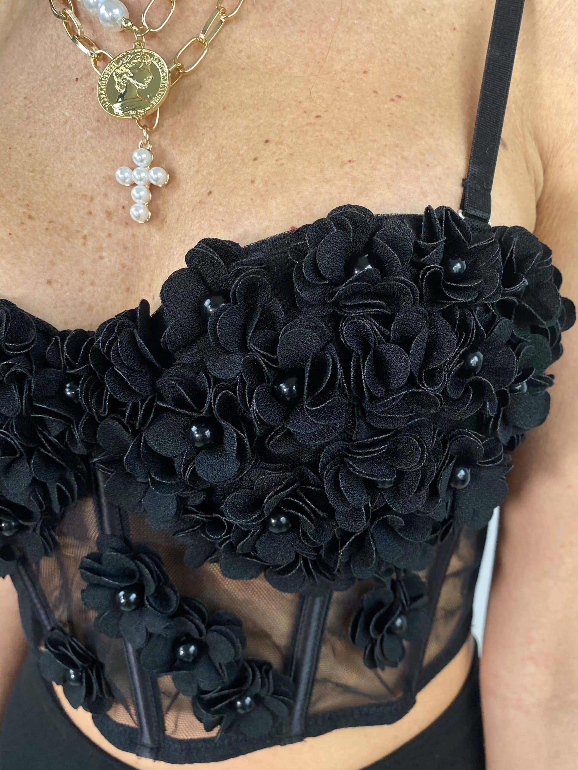 Corsetto Fiori e Perle con Coppe Imbottite - Nero