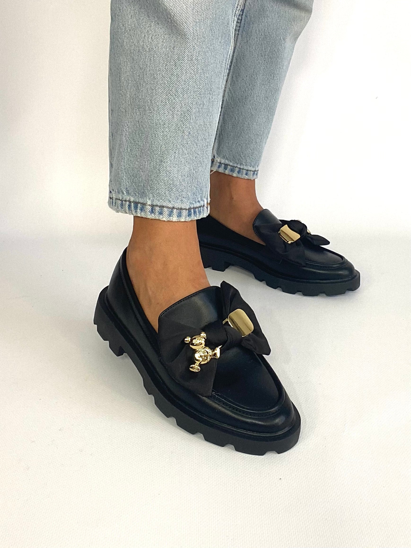 Mocassino Platform con Fiocco ed Orsetto -Nero