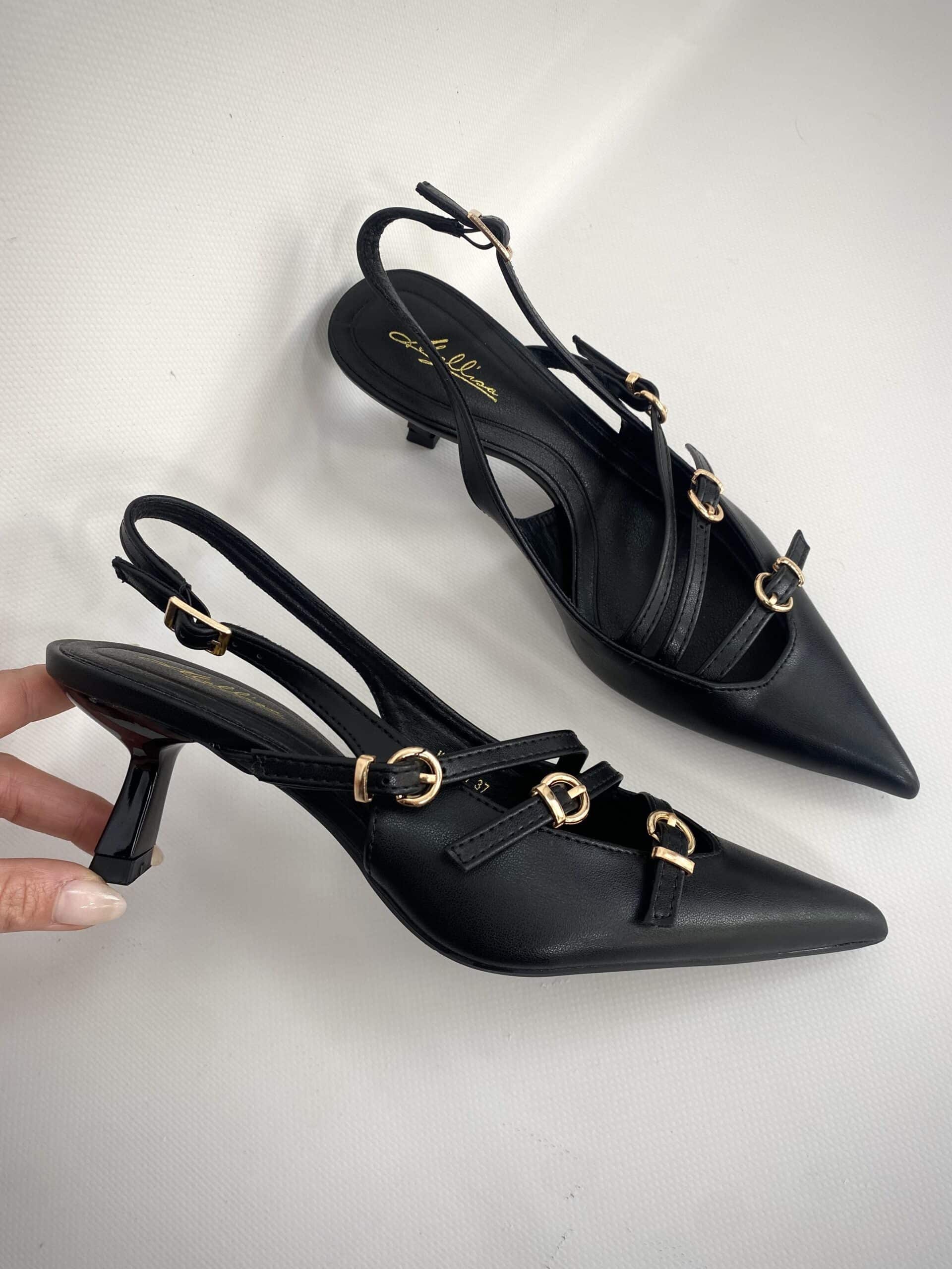 New Slingback con Cinturini e Fibbie Tacco Medio - Nero Opaco.