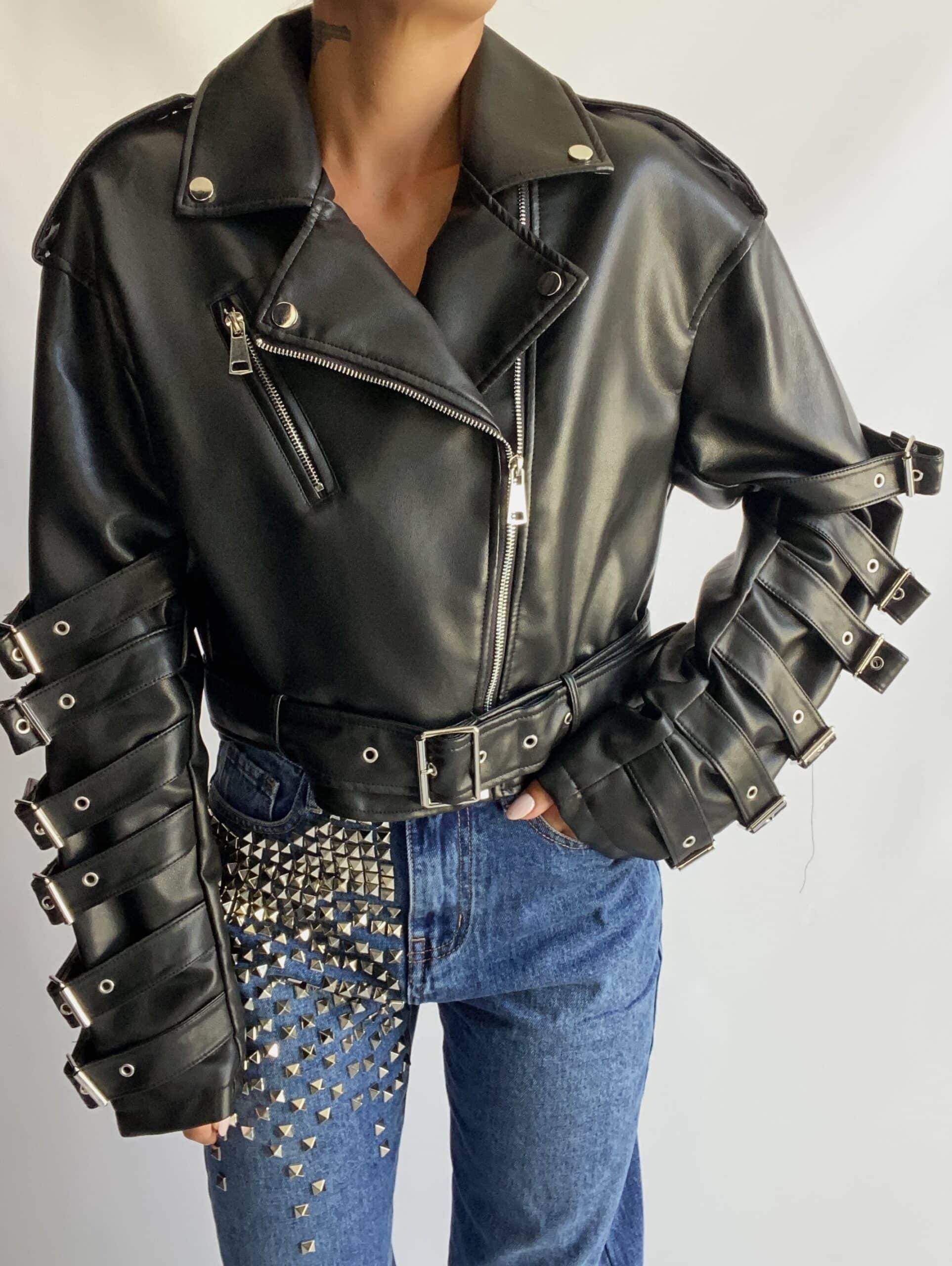 Chiodo Eco Pelle Crop con Fibbie  - Nero