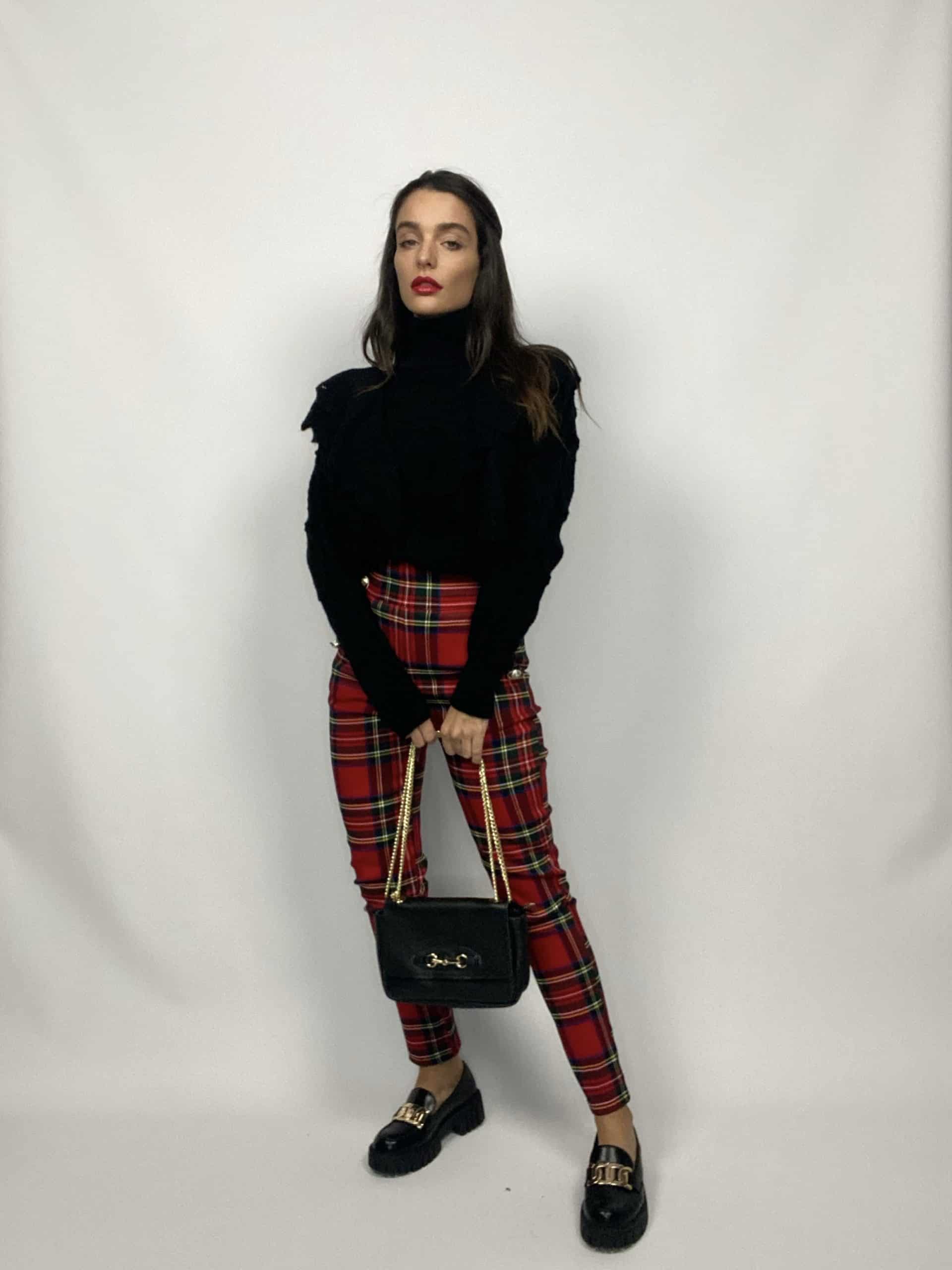 Pantaloni Tartan Bottoni Gioiello - Rosso