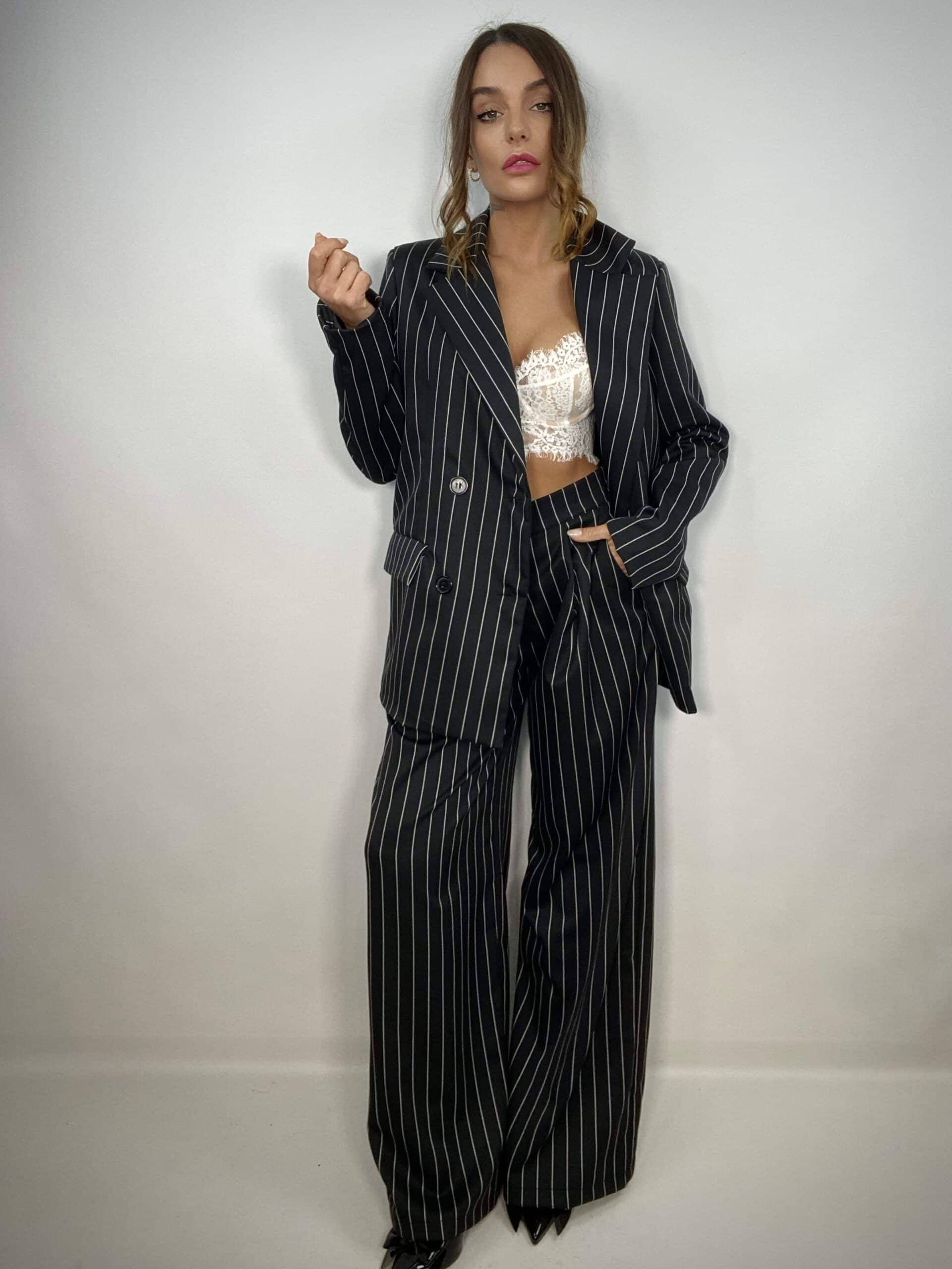 Completo Gessato Doppio Petto Pantaloni Ampi - Nero