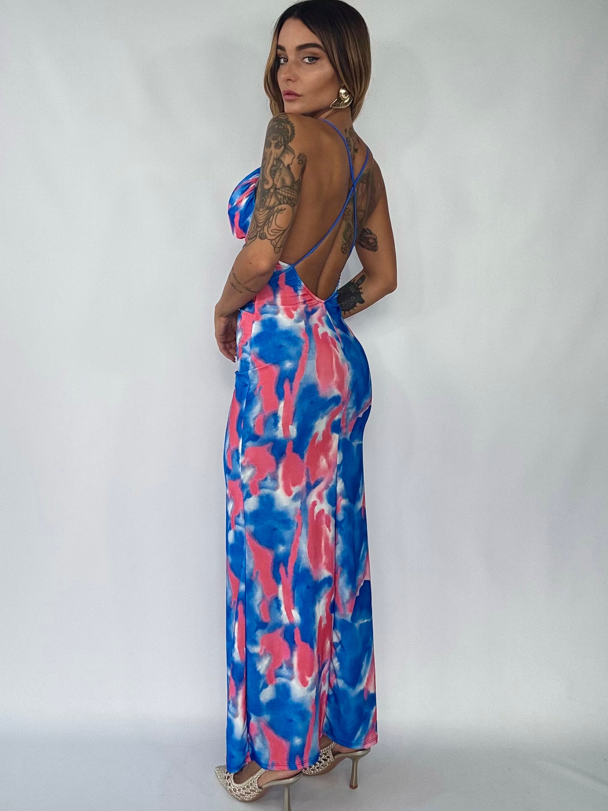 Maxi Dress Shadow Vneck - Blu/ Fucsia