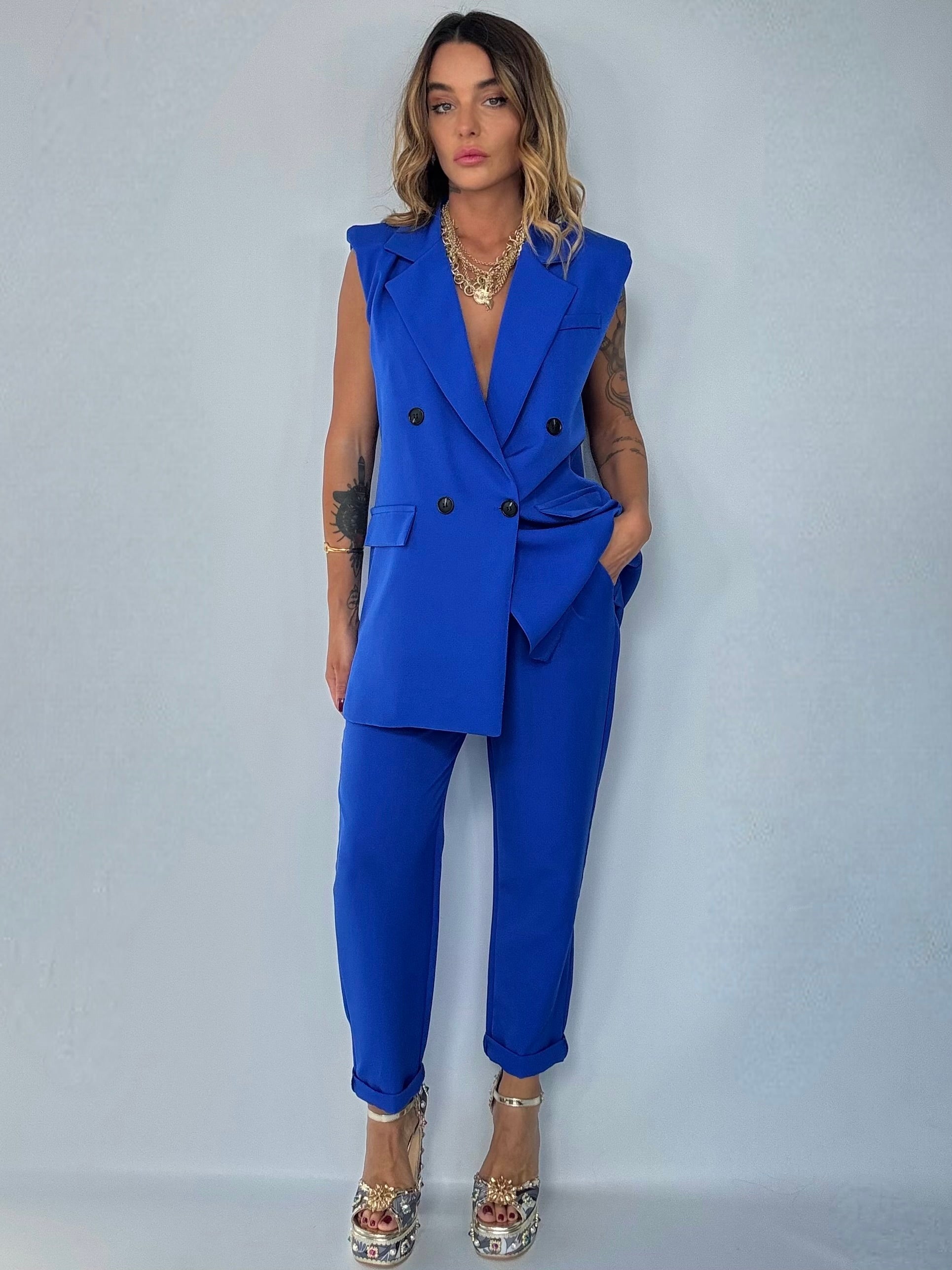 Completo Gilet Over e Pantaloni Pinces - Blu Elettrico