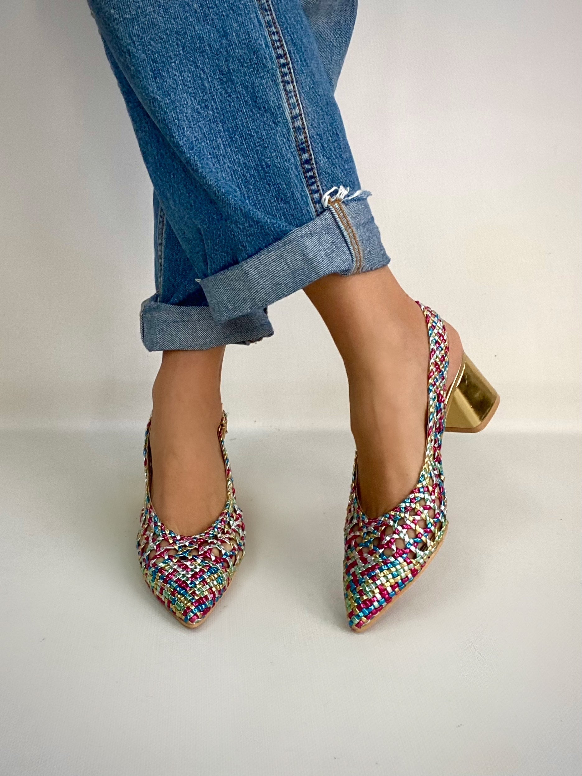 Slingback Rafia Comfort Medium Heels - Multicolor Verde / Fucsia