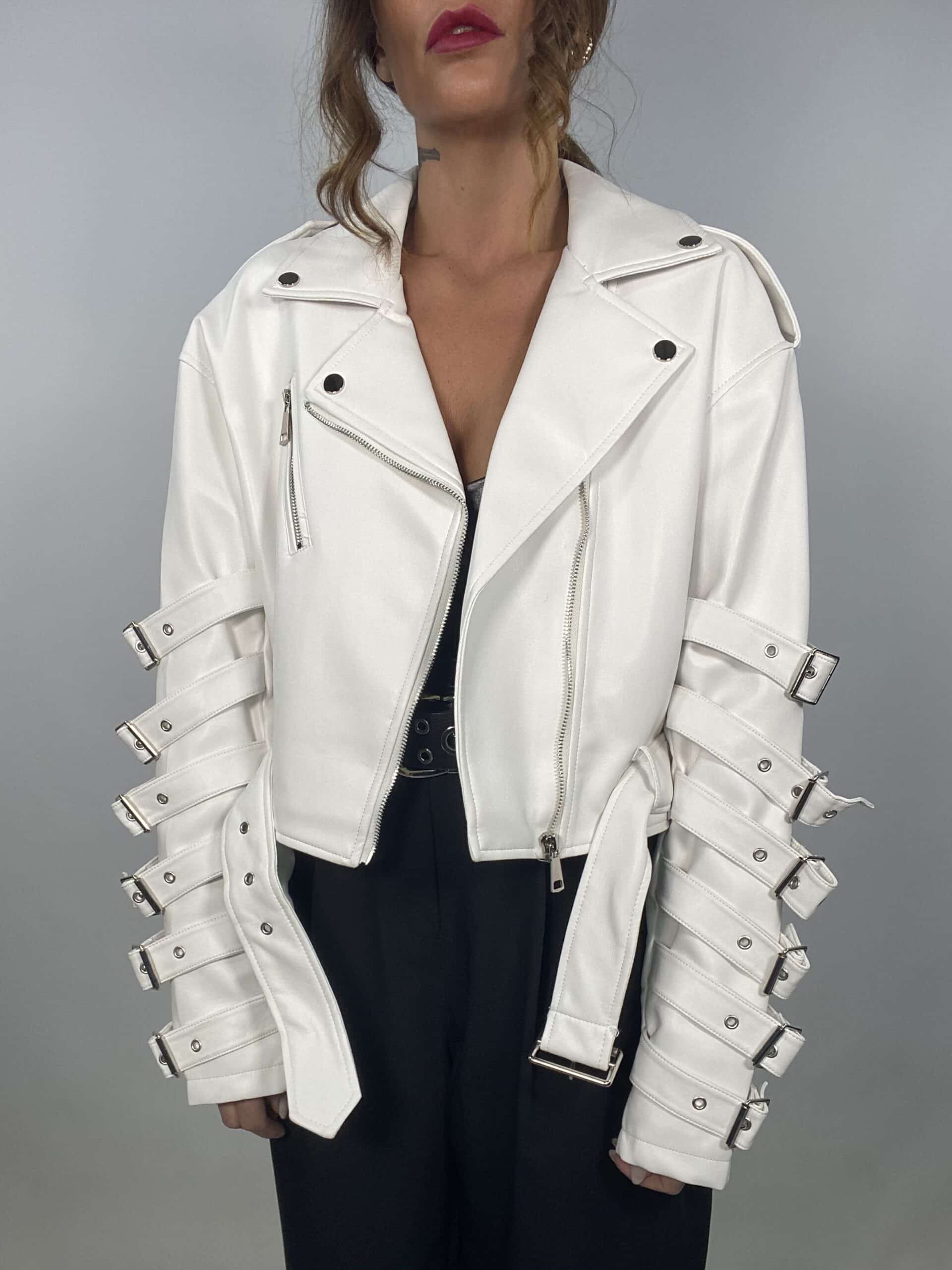 Chiodo Eco Pelle Crop con Fibbie  - Bianco