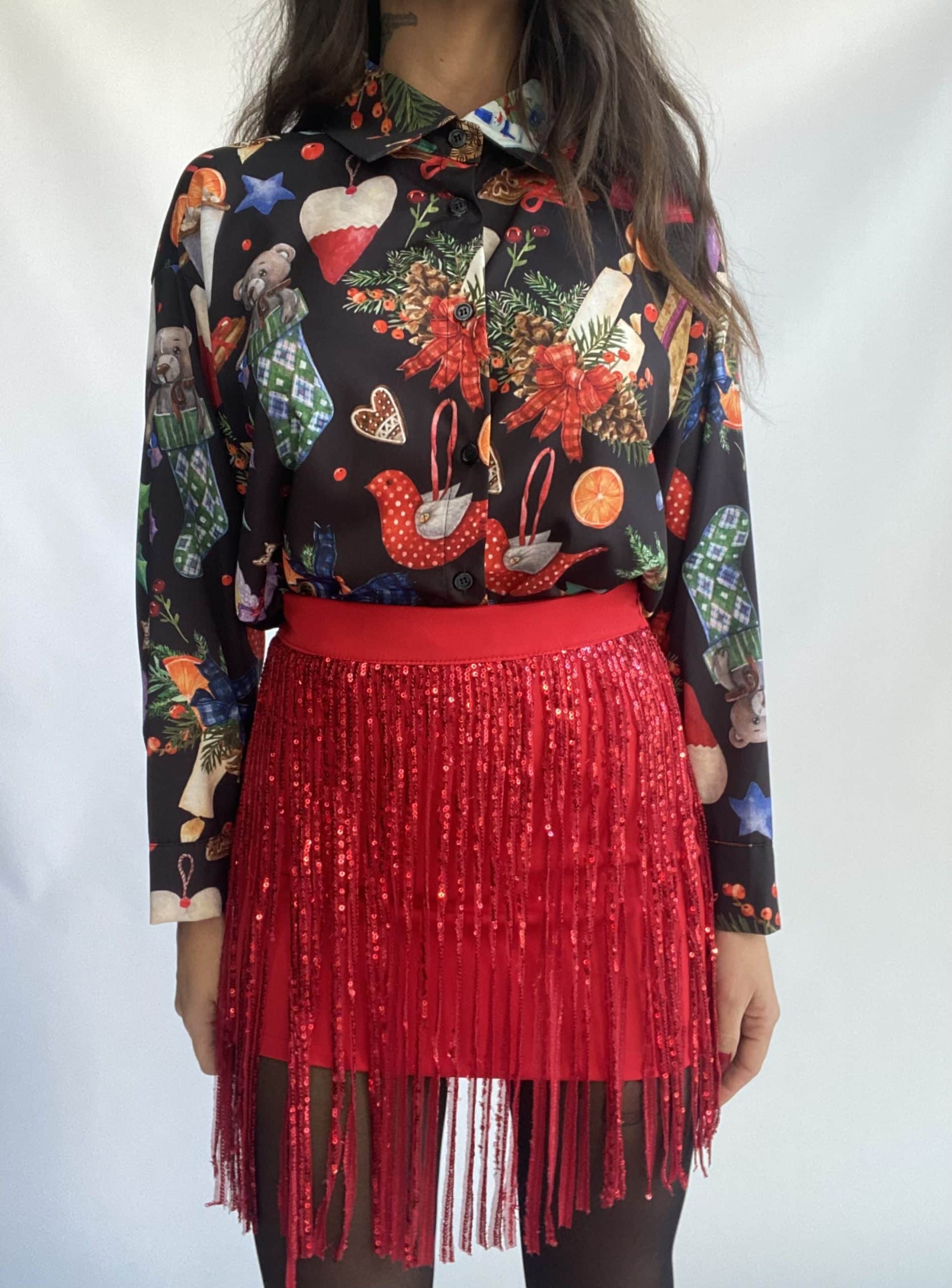 Mini Gonna Frange Paillettes - Rosso