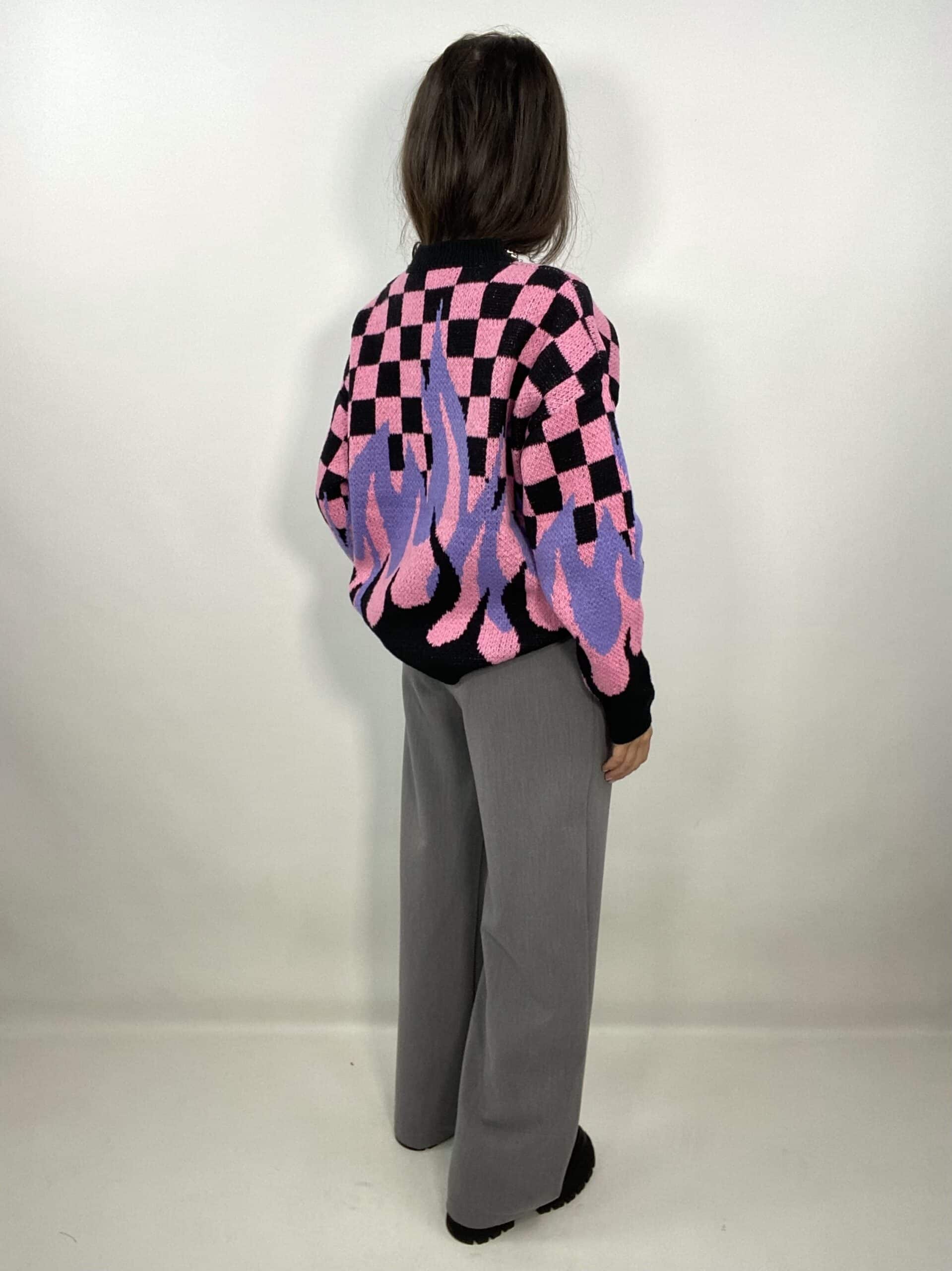 Pullover Con Scacchi e Fiamma - Rosa / Nero