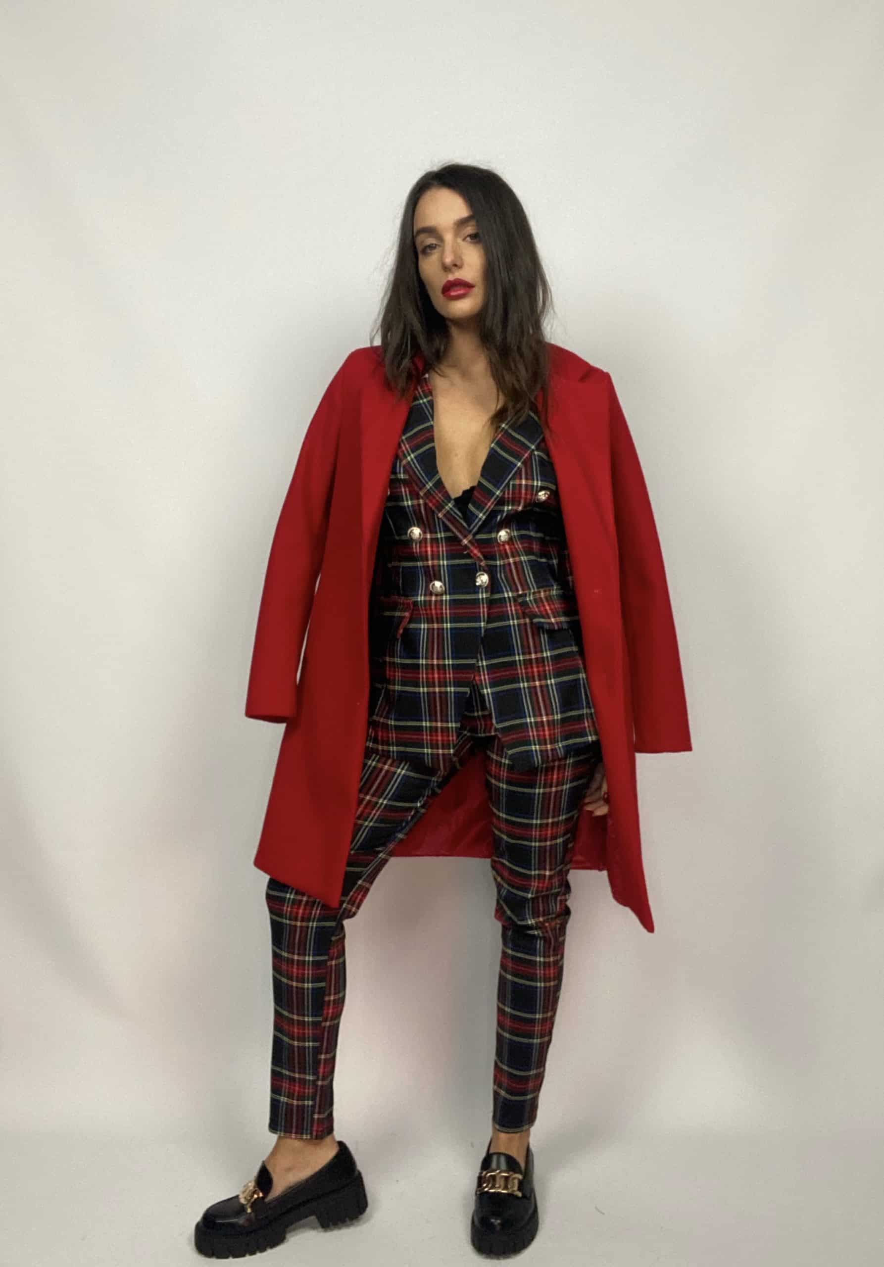 Pantaloni Tartan Bottoni Gioiello - Nero