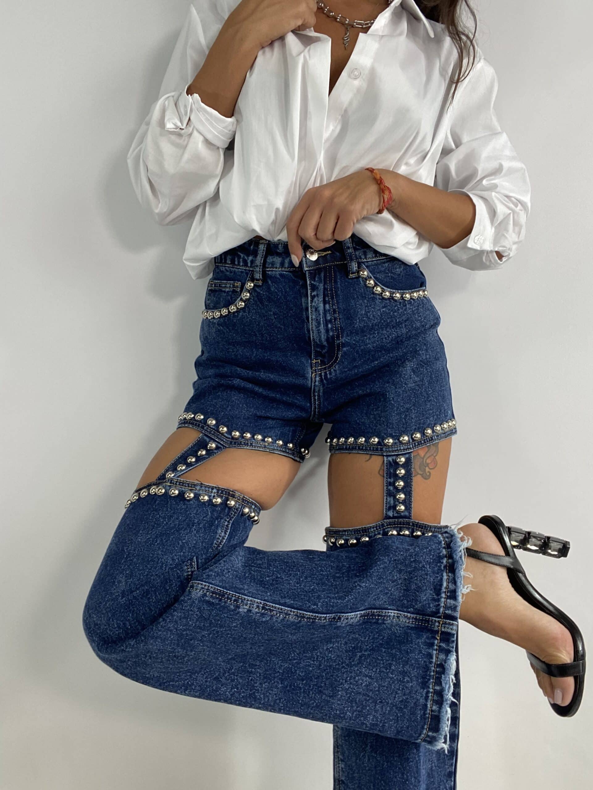 Jeans Hold Ups con Borchie  - Denim Scuro