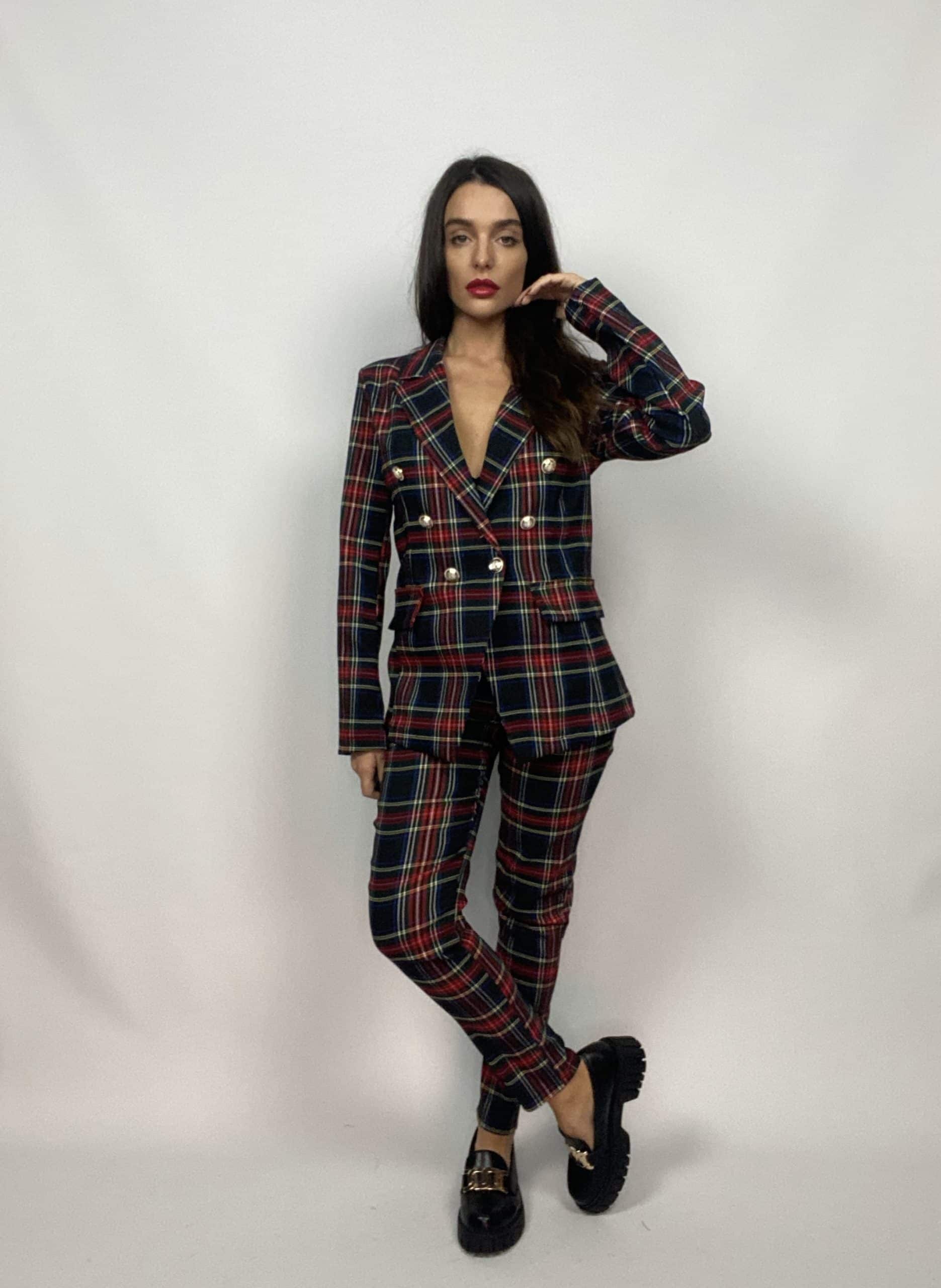 Pantaloni Tartan Bottoni Gioiello - Nero
