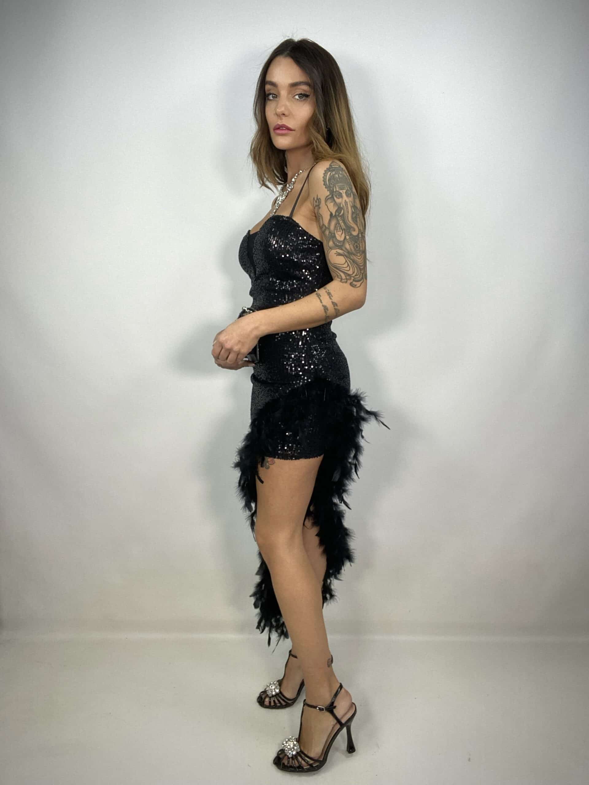 Maxi dress Piume e Paillettes - Nero