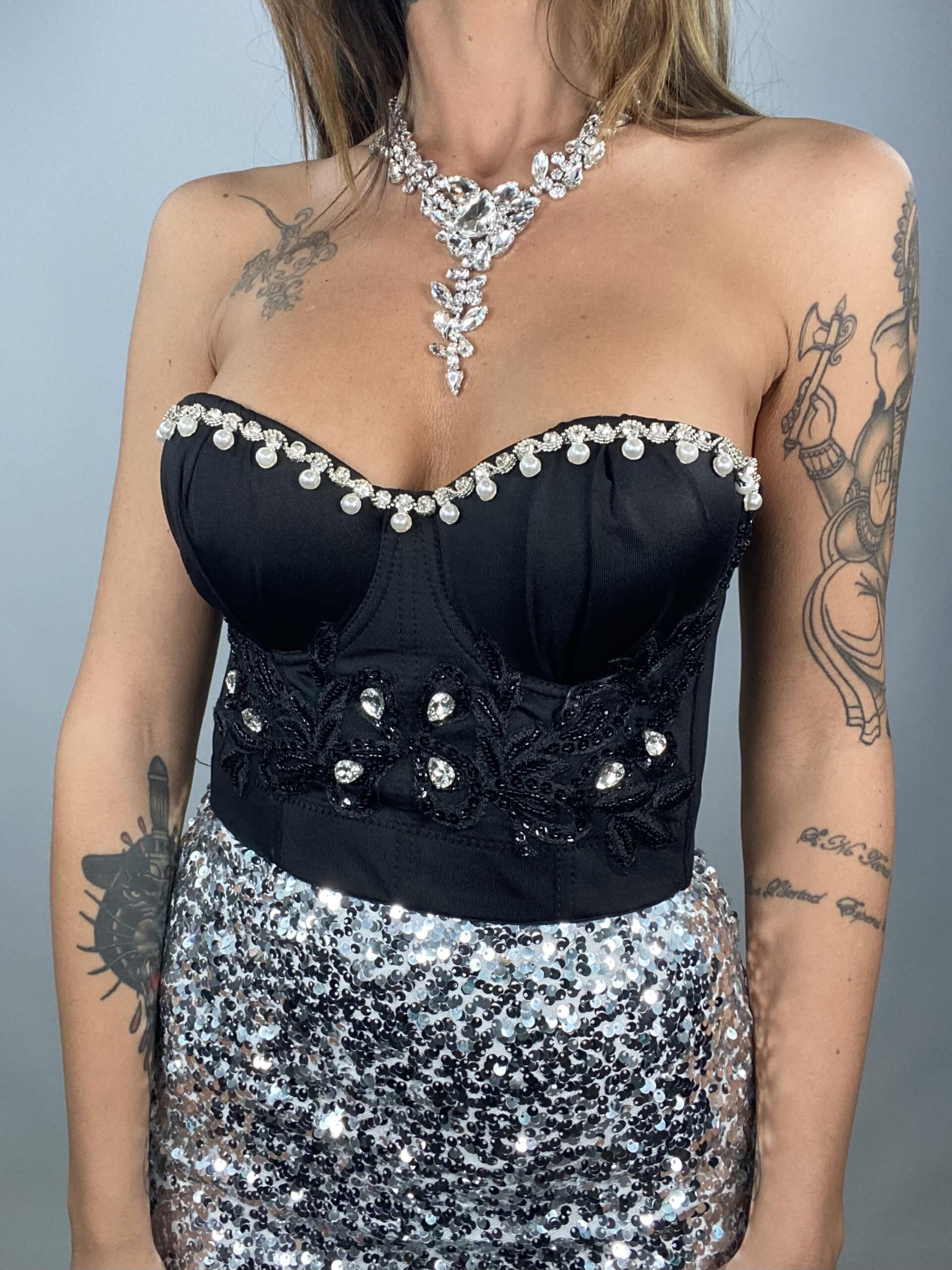 Corsetto Luxury Pietre e Perle- Nero