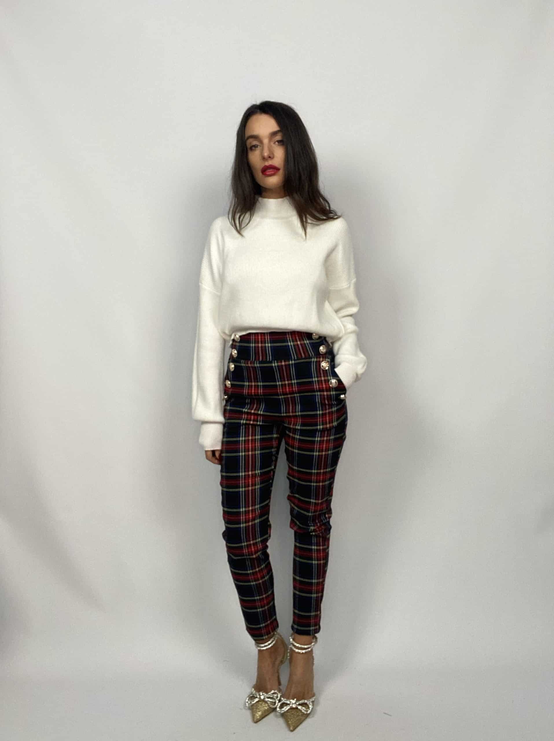 Pantaloni Tartan Bottoni Gioiello - Nero