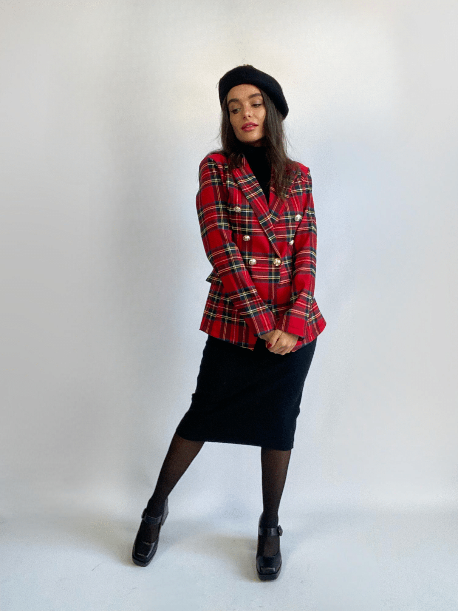 Blazer Tartan Bottoni Gioiello - Rosso