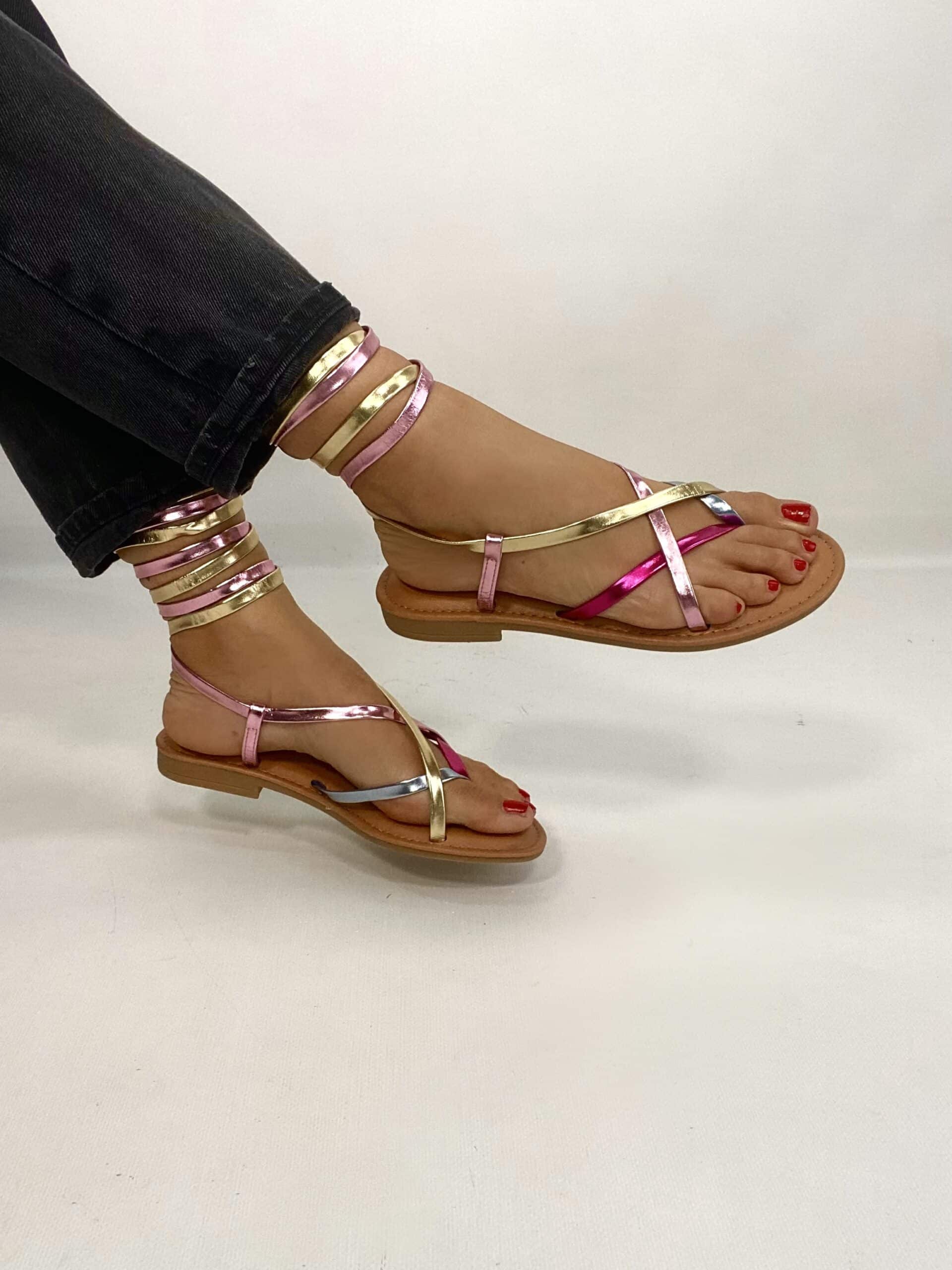 New Sandali Flat Alla Schiava - Multicolor Oro / Fucsia