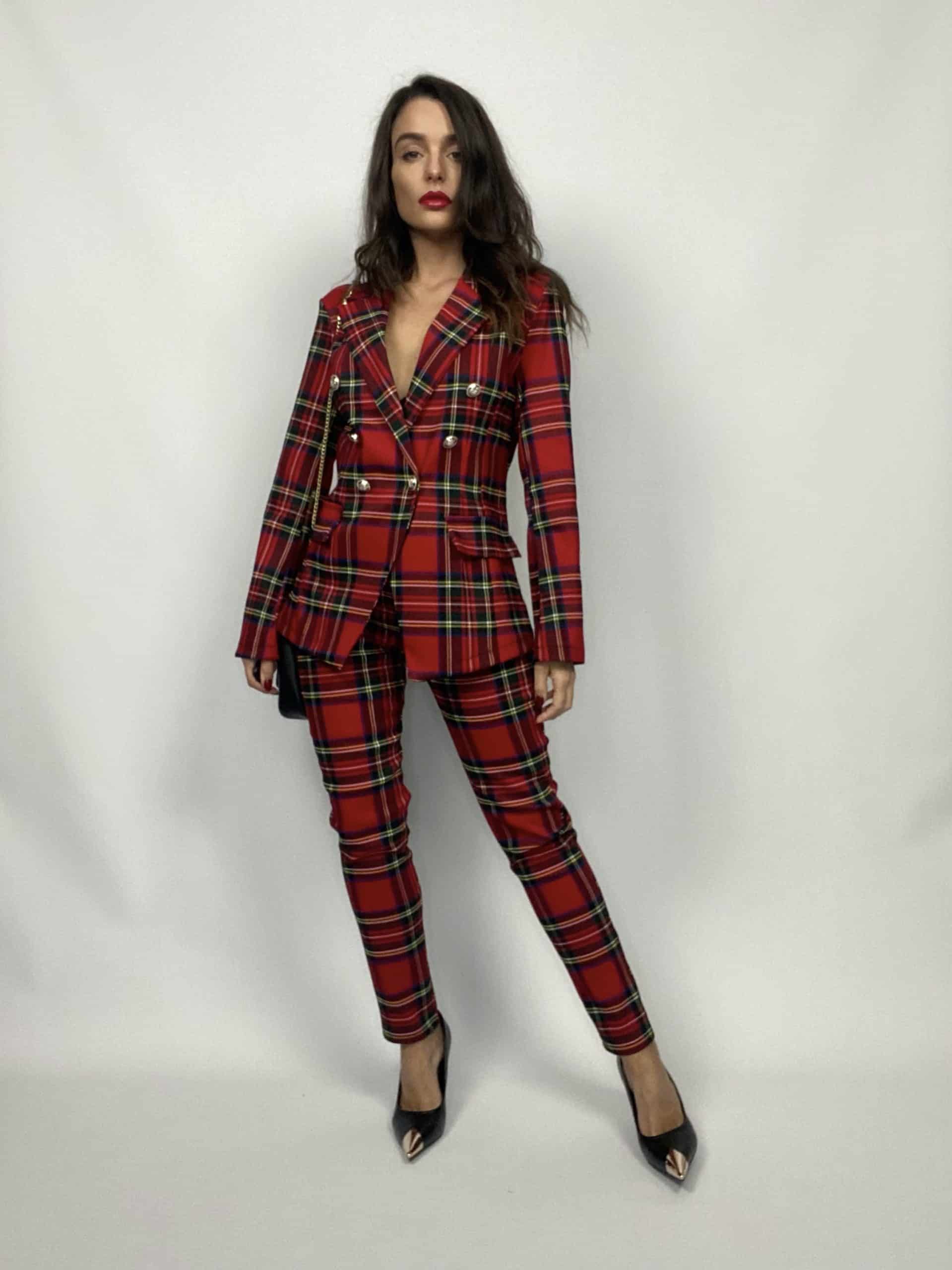 Blazer Tartan Bottoni Gioiello - Rosso