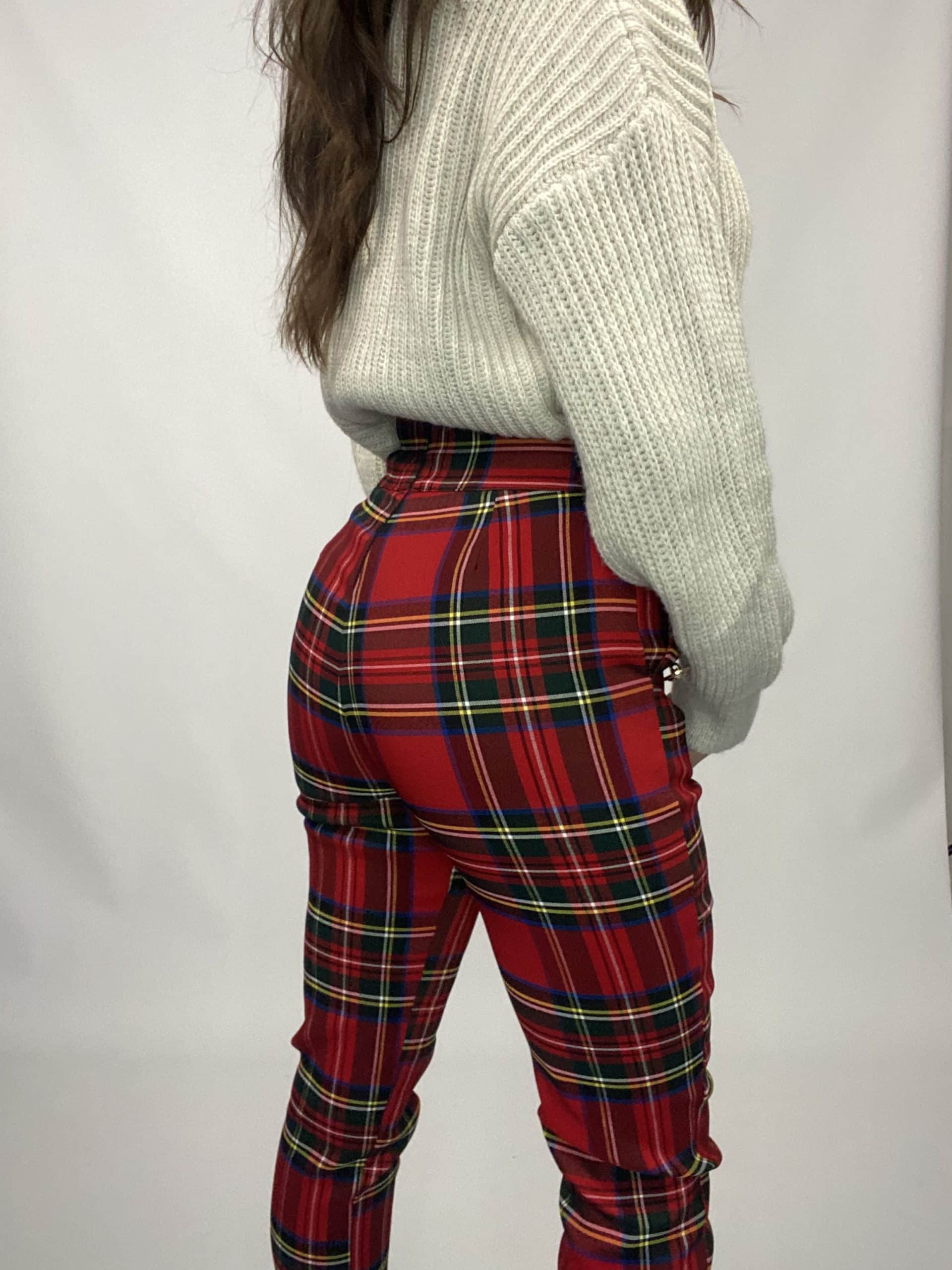 Pantaloni Tartan Bottoni Gioiello - Rosso