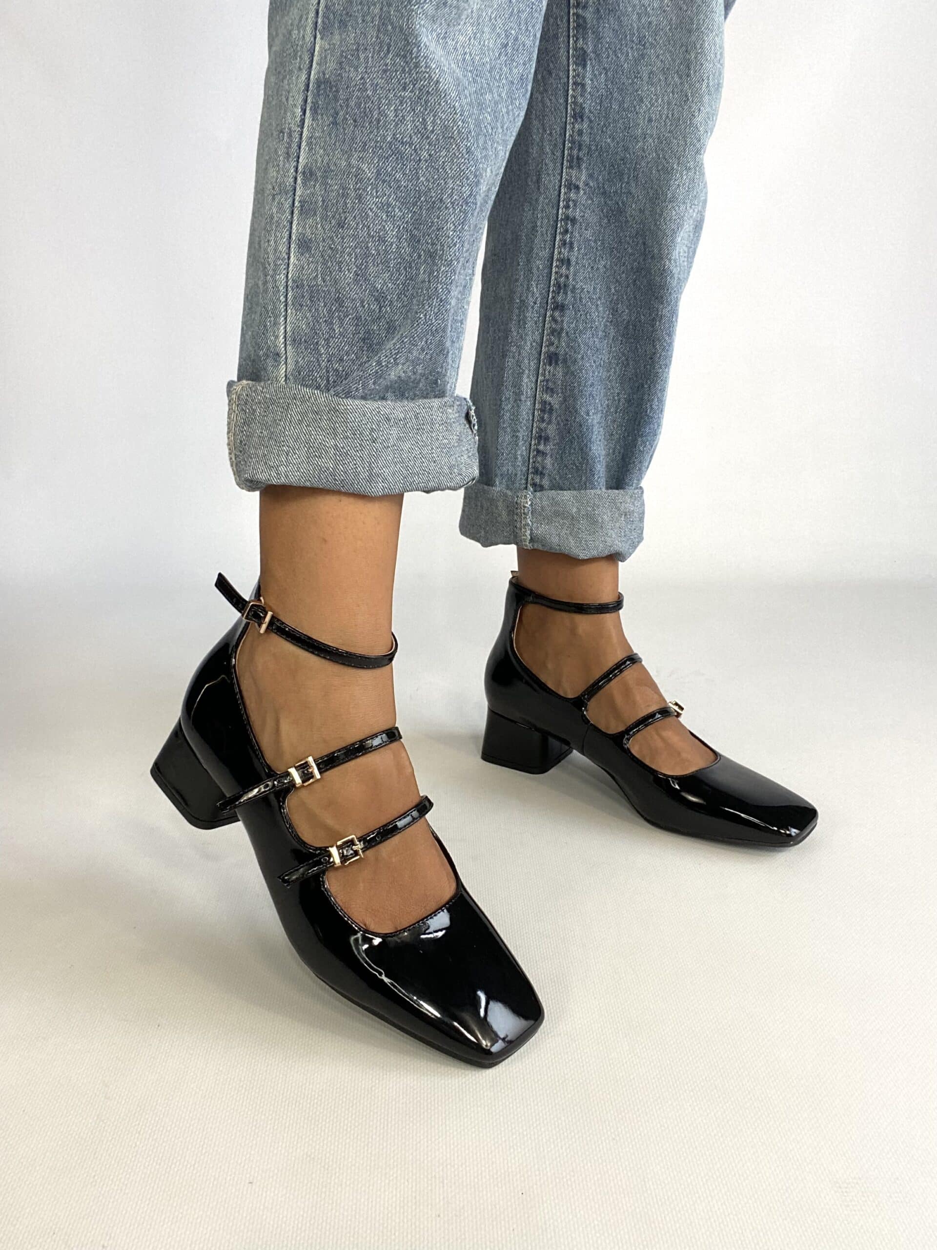 Mary Jane Low Heels Tre Cinturini - Nero